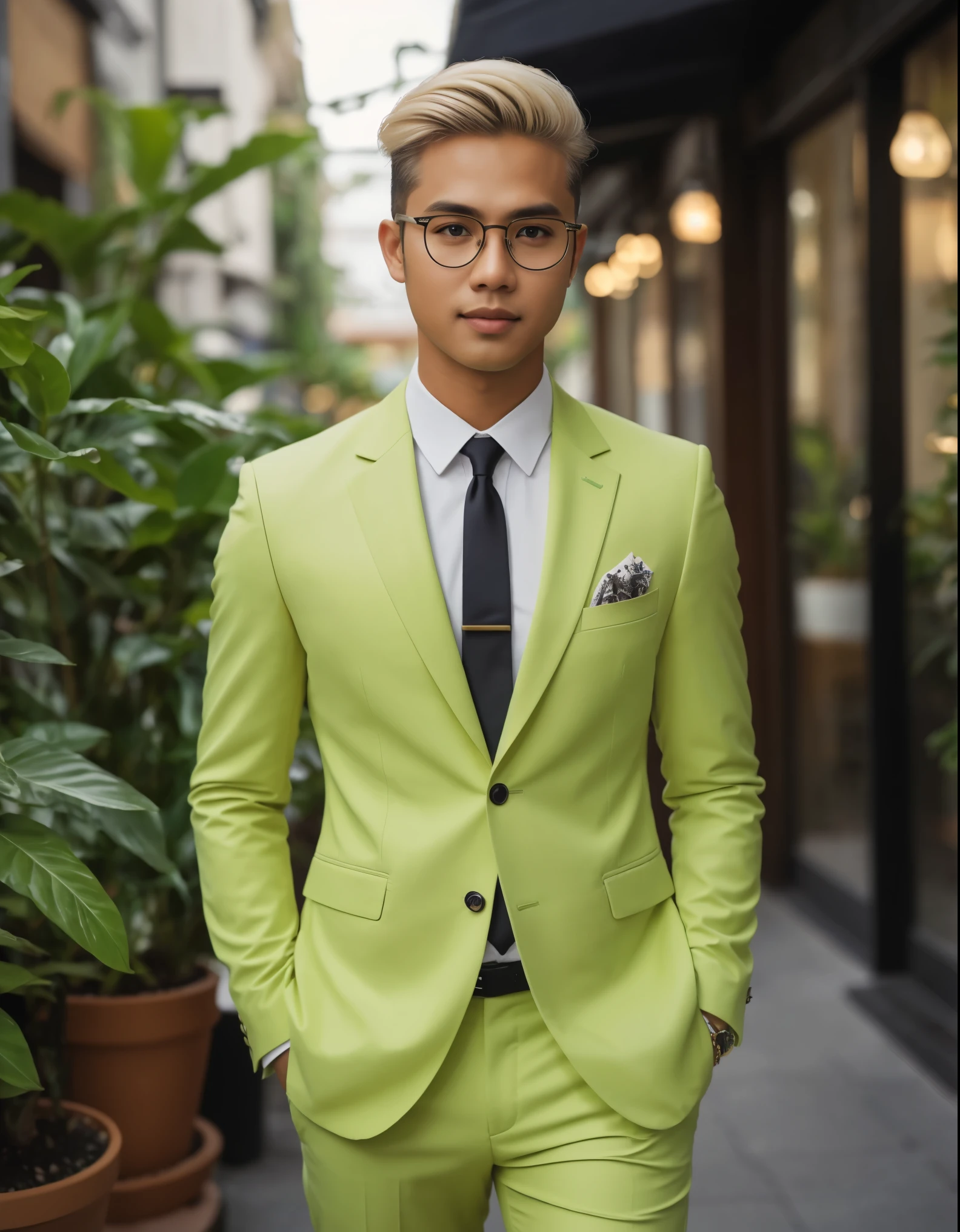 A professional masterpiece featuring one model: a full-body shot of a confident, handsome, charming Malay man with short taper fade blonde hair, natural makeup, a slight smile, wearing trendy eyeglasses and a lime luxury suit with white tissue on the pocket, long lime trousers, with pantofel, walking to a cafe. The setting is an outdoor street view with plants in pots around, dramatic soft lighting, depth of field effect, ultra realistic, high definition with special effects, making a cinematic scene, resembling a photo taken with a Sony 7000D camera.