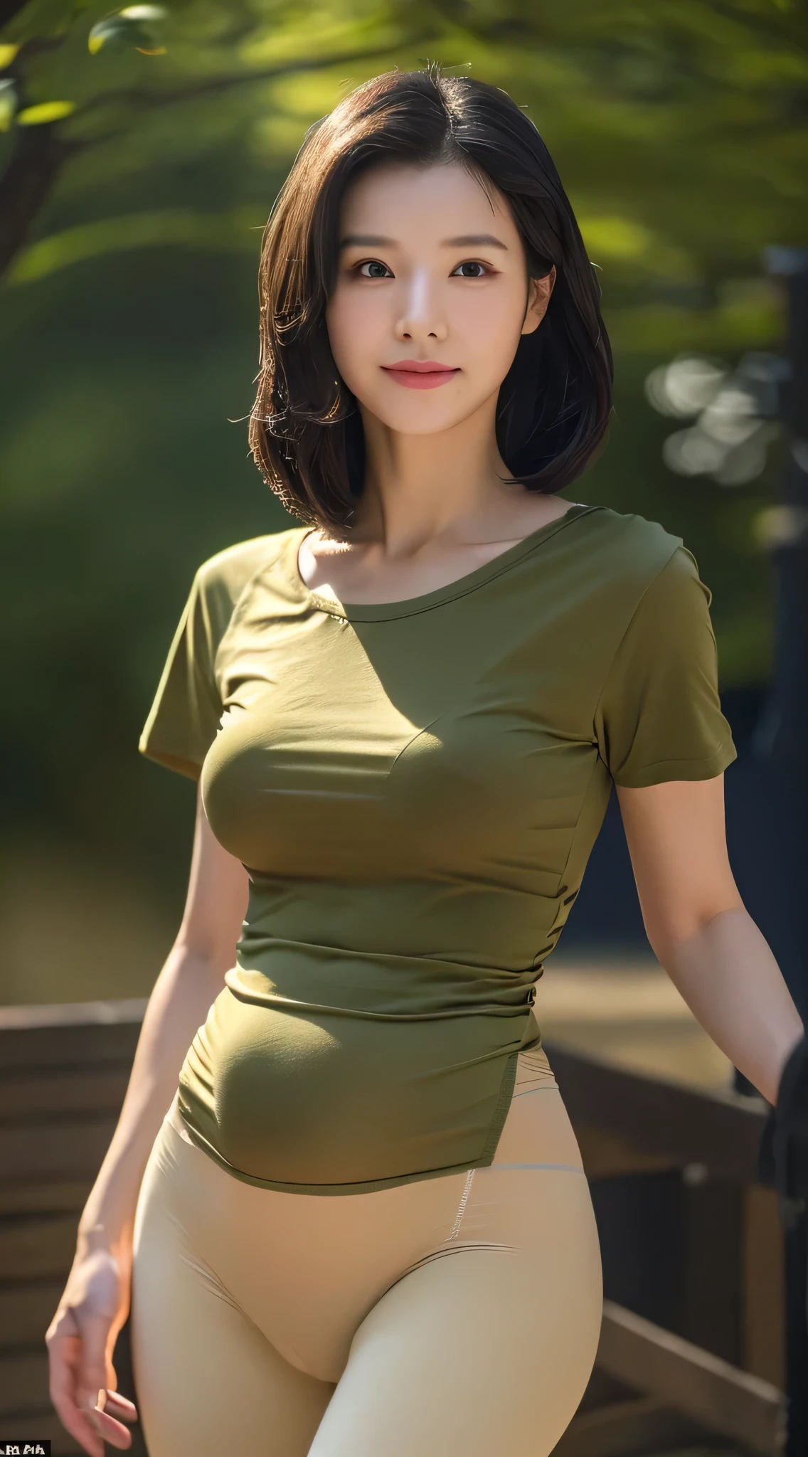 Pregnant women in their final month、(Japanese),(26 years old), (Slender women), (Beautiful breasts),double eyelid,Natural Makeup,Thin lips,smile,ponytail,Black Hair,(She is in the nature park),(She has small breasts),(She takes off her bra),(Her breasts are pointy and pointy), (((She wears a big olive-colored t-shirt))), ((She is wearing beige sports tights..)), (Realistic), (Ray Tracing), (Sharp focus), clavicle, (Detailed face), Natural and realistic skin texture, Soft Face,((Perfect Anatomy:1.4)),(You can see her slender figure in full.:1.3),(Clothes that fit、Sweaty and damp T-shirt:1.3、Tights that fit around the genitals and buttocks:1.3),((Look at her from the front:1.5、Looking at her from below:1.3)),(Tights that reveal the shape of female genitalia:1.5)、Pregnant women