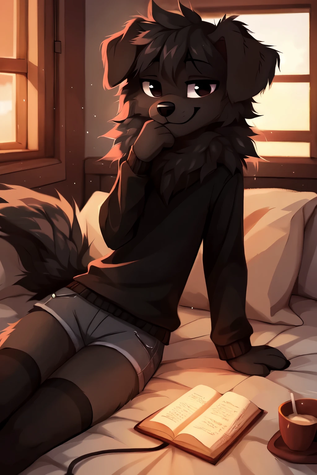  ((by reysi)),  Best quality, super detailed illustration, warm colors, Ideal lighting, (Fluffy boy dog:1.6), (Black fur:1.5) ,feminine face and body, disheveled thick gray hair, short shorts, long black stockings, Long-sleeved sweater, in a cosy room, smug smile, tricky glance , Femboy, slim, perfect body,