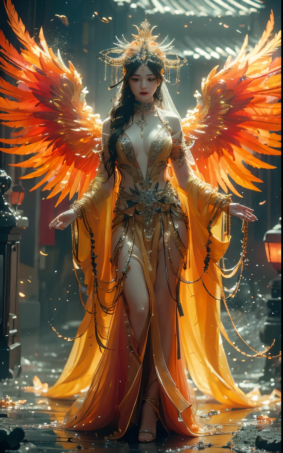 Epic CG masterpiece, a woman dressed in an angelic outfit in chains, delicate face, hdr,dtm, full ha,8K, ultra detailed graphic tension, dynamic poses, stunning colors, 3D rendering, surrealism, cinematic lighting effects, realism, 00 renderer, super realistic, full - body photos, super vista, super wide Angle, rich details, highest quality, extremely exquisite,
Black background1girl, chain, wings, solo, dress, blindfold, white dress, jewelry, veil, choker, ring, own hands together, angel wings, feathered wings, covered eyes, haloblackblindfold,
 