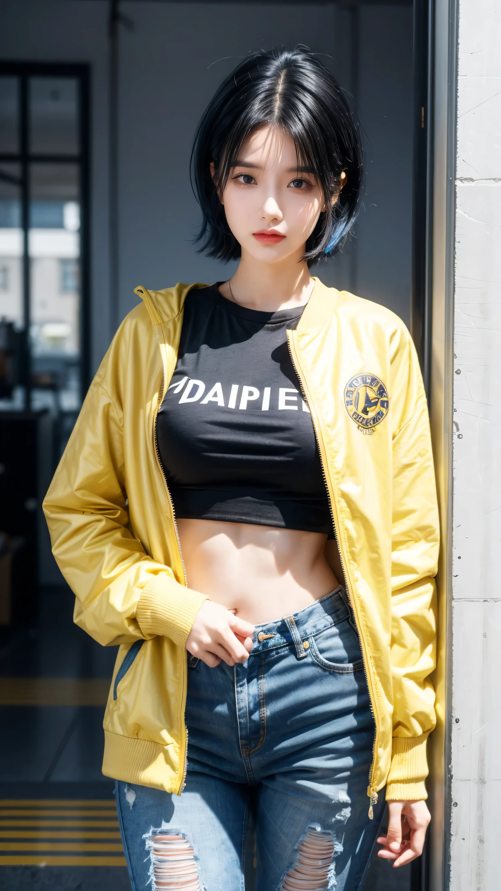 best quality, 1 Girl, dark blue hair, black eyes, Very short hair, Spiky hair, t-shirt, yellow jacket , High waist jeans, 171 cm, Messy hair, Hair between the eyes, Medium breasts, full, Tomboy, aldult, 20 years old, 1 Girl