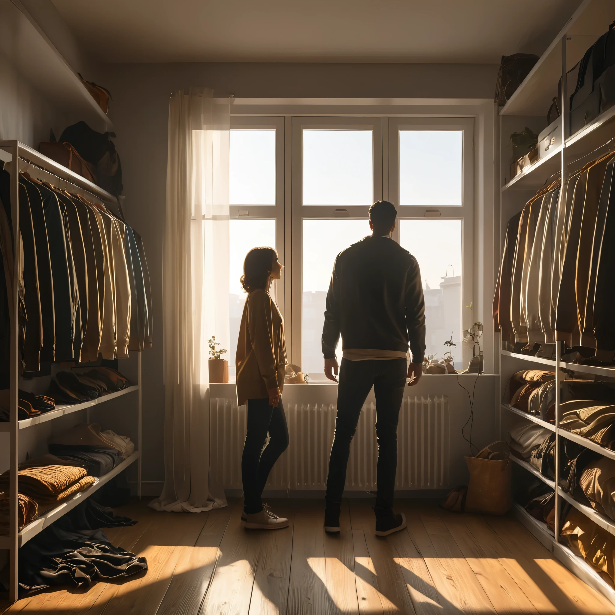 In a cramped room,main character with back to camera, a lot of clothes hanging in front of the window,backlit,cinematic,(best quality,4k,8k,highres,masterpiece:1.2),ultra-detailed,realistic:1.37,medium:illustration,detailed wardrobe,light streaming through the window,soft shadows,dusty atmosphere,muted colors,vintage clothing,old wooden floor,cozy atmosphere.