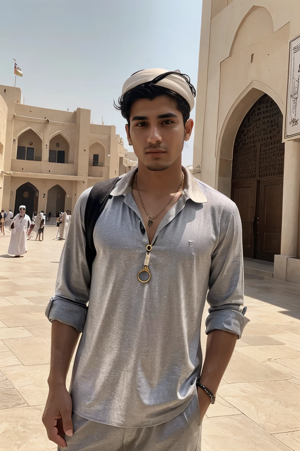 a realistic 4k picture taken with iphone14 of a 25 years old man named Keren, arabic origins, stylish clothes. dubai
