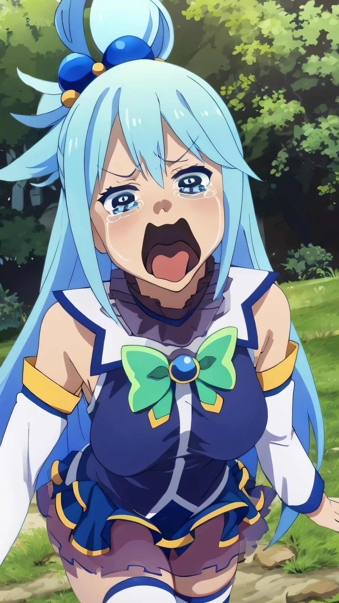 {{{masterpiece}}}, {{{best quality}}}, {{ultra-detailed}}, {illustration}, {{an extremely delicate and beautiful}}, 8k, nsfw, 18 years old, aqua (konosuba)1girl, long hair, blue eyes, hair ornament, very long hair, blue hair, bangs, hair rings, single hair ring, hair bobbles, skirt, shirt, thighhighs, bare shoulders, detached sleeves, white sleeves, white thighhighs, blue skirt, petticoat, blue shirt, green bow, {blue long boots}, large breasts, thighs, zettai ryouiki, aqua \(konosuba\), aquascreaming, screaming, open mouth, tongue out, crying with eyes open, crying, trembling, scared face, from above, outdoor, forest, field, medium close up, 