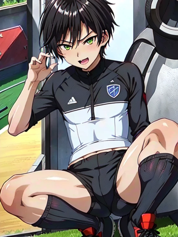 (((Official Art,Ultra-thin illustration,High resolution, Pieces fly, 最high quality,最high quality,)))high quality, detailed, ( men),12 yeaone)))、 A very cute young ace striker male idol,A boy as beautiful as Planding, Smiling cool handsome face, soccer spike, Long legs, Thighs, Footz, No bulge, (Black Hair、short hair)、Shiny Hair, (Tight and shiny bodysuit),(Soccer socks), Grass area, Cool pose, (厚いThighs、Big ass tempting you)、(((Soccer field in the park)))、((Saucy、))、Grin、Spread your legs,Ultra-fine painting, (最high quality, In 4K, 8k, High resolution, Pieces fly:1.2),Service shot、((detailedな目:1.2))、Show off your big butt、Proud ass、