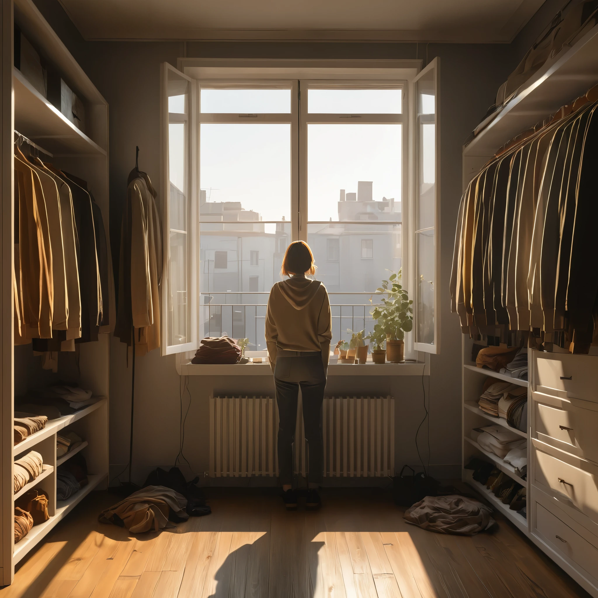 In a cramped room,main character with back to camera, a lot of clothes hanging in front of the window,backlit,cinematic,(best quality,4k,8k,highres,masterpiece:1.2),ultra-detailed,realistic:1.37,medium:illustration,detailed wardrobe,light streaming through the window,soft shadows,dusty atmosphere,muted colors,vintage clothing,old wooden floor,cozy atmosphere.