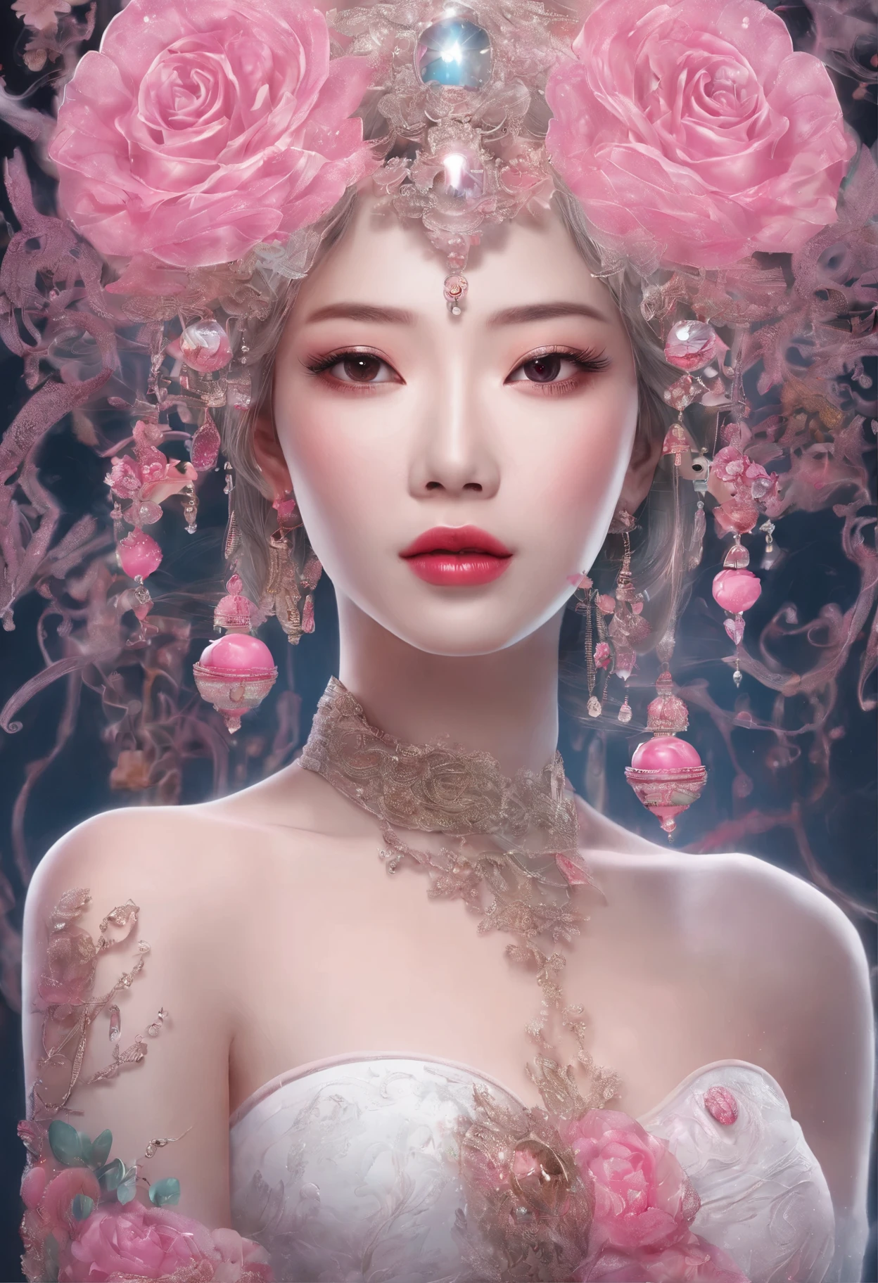 A lot of pink tattoos、Close-up of laughing face、Designer、super model、Pink tattoo makeup、Glossy lips、Shining eyes、(realisitic、hight resolution)、(1 girl in)、Do-Up Eye、Korean Girl、(Best Quality), (masutepiece), (1girl in), Solo, a beauty girl, Perfect face, dreamlikeart、Highly detailed airbrush art((Surreal))、Volumetric lighting、(top-quality)、The ultra-detailliert、Highly detailed colorful details、(Bright lighting)、dynamic compositions、Ray traching、The mirror reflects light、Shallow depth of field、ultra-detailliert、mixing exposure、nffsw、Pink tattoo、Pink tattoo、Her eyes are glowing pink、Her face is full of anticipation and courage for adventure.、A smile comes to her lips、An air full of smiles and adventurous spirit、Powder snow is falling on the snowy mountains at the rear。Its light brings the light of powder snow、Swaying powder snow creates a beautiful scenery..。Her courage and determination are condensed.、Eye-catching presence。Her eyes are shining。Powder snow、Powder snow