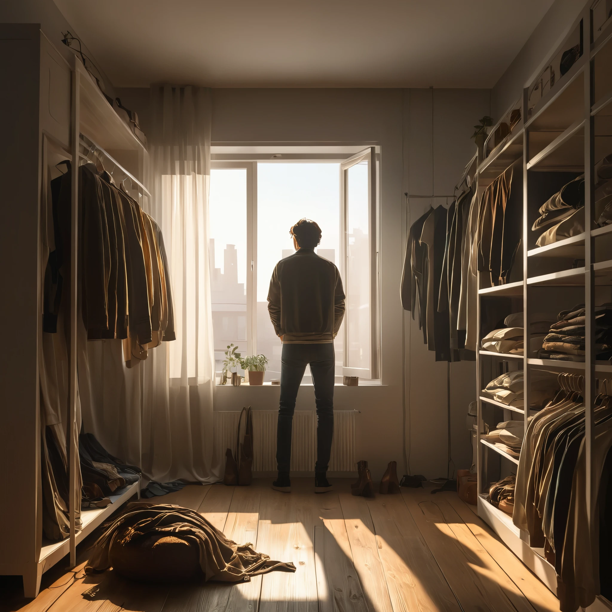 In a cramped room,main character with back to camera, a lot of clothes hanging in front of the window,backlit,cinematic,(best quality,4k,8k,highres,masterpiece:1.2),ultra-detailed,realistic:1.37,medium:illustration,detailed wardrobe,light streaming through the window,soft shadows,dusty atmosphere,muted colors,vintage clothing,old wooden floor,cozy atmosphere.