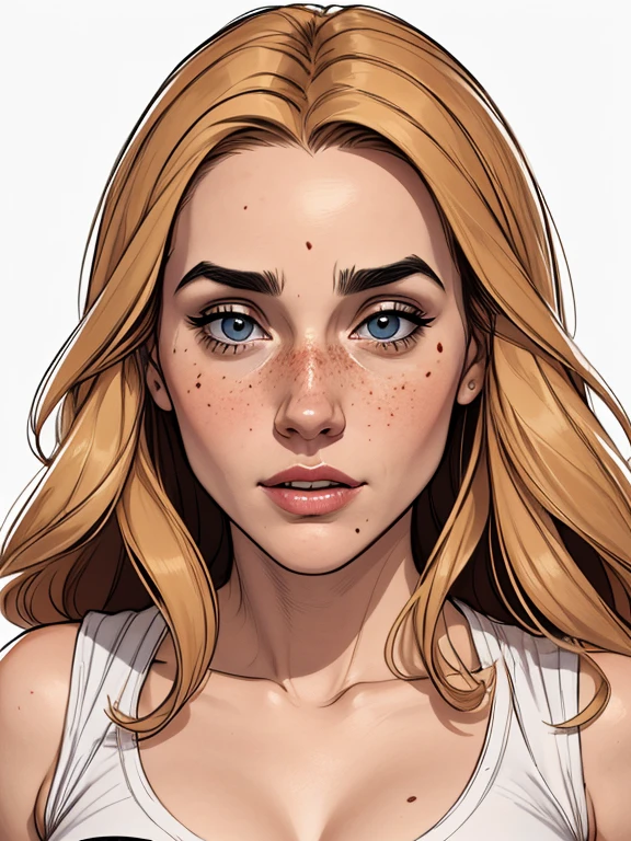 Character style illustration style Completely bare breasts showing a little fear Breast size Cartoon name: Isabella Cruz white background medium breasts freckled face Jennifer Connelly actress strong contours Physical description - long straight hair, tingidos de um marrom vibrante que contrasta com sua pele clara. - You reflect a mix of curiosity and determination. - Ela tem uma estatura alta, with a slender and agile figure, evidenciando sua agilidade e destreza. -fundo colorido Design de personagens de retrato, beautiful digital illustration, retrato de alta qualidade, Arte em quadrinhos, Corpo inteiro sensualizando ou pelada. folha de retorno. return sheet clothes of the day hellish day expression of hatred and blood on the face