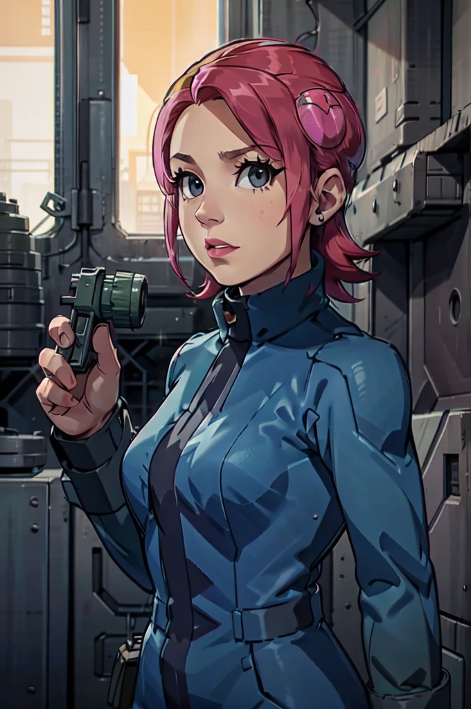 Mayl Sakurai reimagined as a vault dweller, doing maintenance in an underground vault. Her vibrant pink hair stands out against the dimly lit environment. She is a 26-year-old woman dressed in a vault dweller jumpsuit, indicative of her role in the post-apocalyptic world. The jumpsuit is worn but still functional, reflecting the harsh conditions of life underground. Her face is beautifully detailed, with expressive eyes that convey determination and intelligence. Her lips are also well-defined, adding to her overall allure.

In the vault, Mayl Sakurai is seen operating a pipboy, a wrist-worn device that serves as an essential tool and information hub for survival in the vault. The pipboy's screen emits a soft glow, illuminating Mayl's face and casting a subtle green hue on the surroundings. The details on the pipboy, from its buttons to its display, are extremely detailed, showcasing its futuristic design.

The underground vault is filled with mechanical equipment and pipes, emphasizing the importance of maintenance in this post-apocalyptic world. The atmosphere is gritty and industrial, with a hint of mystery and danger. The lighting is dim and has a hint of blue tones, enhancing the underground ambiance.

Despite the grim surroundings, Mayl Sakurai exudes confidence and strength as she jumps into action, ready to fulfill her duties as a vault dweller. Her posture and expression suggest that she is prepared to face any challenge that comes her way.

The image quality should be at its best, with 4K resolution and ultra-detailed rendering, capturing every intricate detail of the scene. The colors should be vivid, emphasizing the contrast between Mayl's vibrant pink hair and the dimly lit environment. The overall style should lean towards a post-apocalyptic concept art aesthetic, blending realism with a touch of fantasy.

In summary, the Stable Diffusion prompt for the provided theme would be:
Mayl Sakurai reimagined as a vault dweller, doing maintenance in an undergr