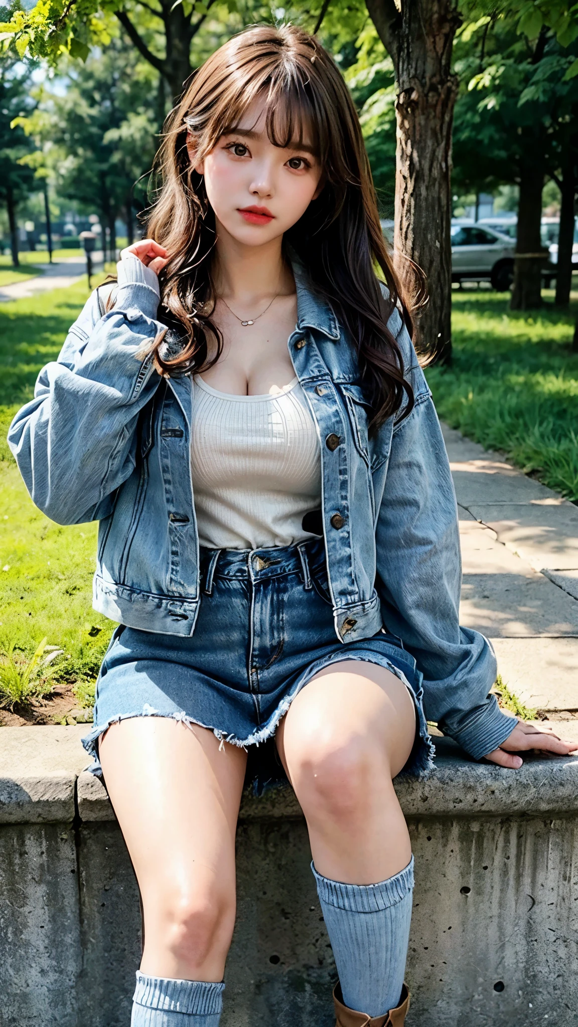 Best quality: 1.4, high resolution, bright, 1 girl, big breasts, cleavage, bangs, denim jacket, denim skirt, knee-high socks, tree