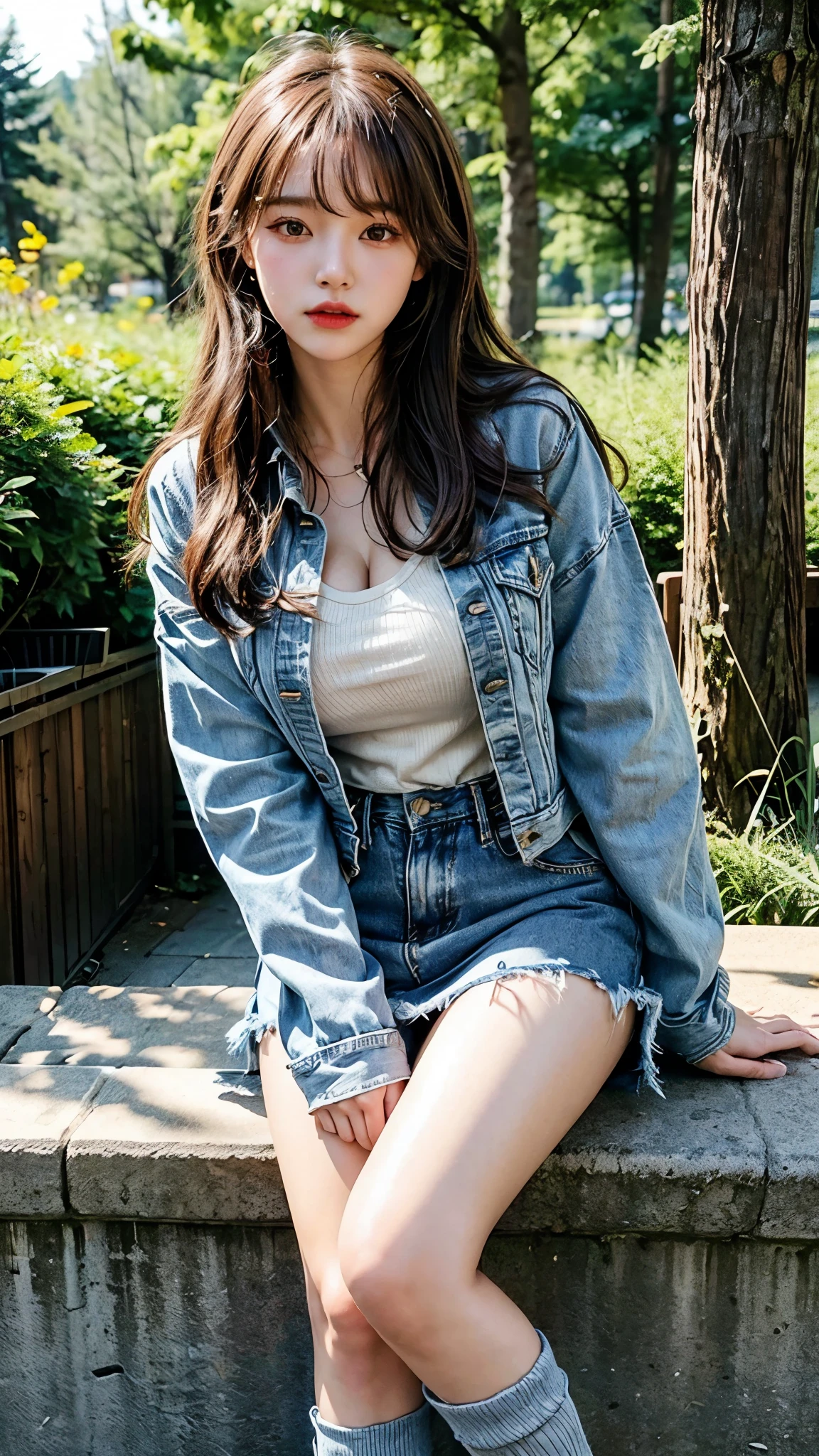 Best quality: 1.4, high resolution, bright, one girl, big breasts, cleavage, bangs, denim jacket, denim skirt, knee-high socks, above-the-knee angle, tree