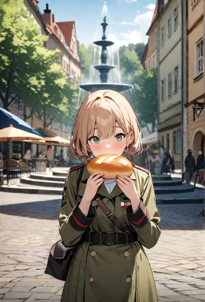 High quality, high definition images, full HD、8k.1 girl solo.To the former German army,German streets,There is a fountain in the park, and the fountain is rising high.Looking at the fountain while eating bread