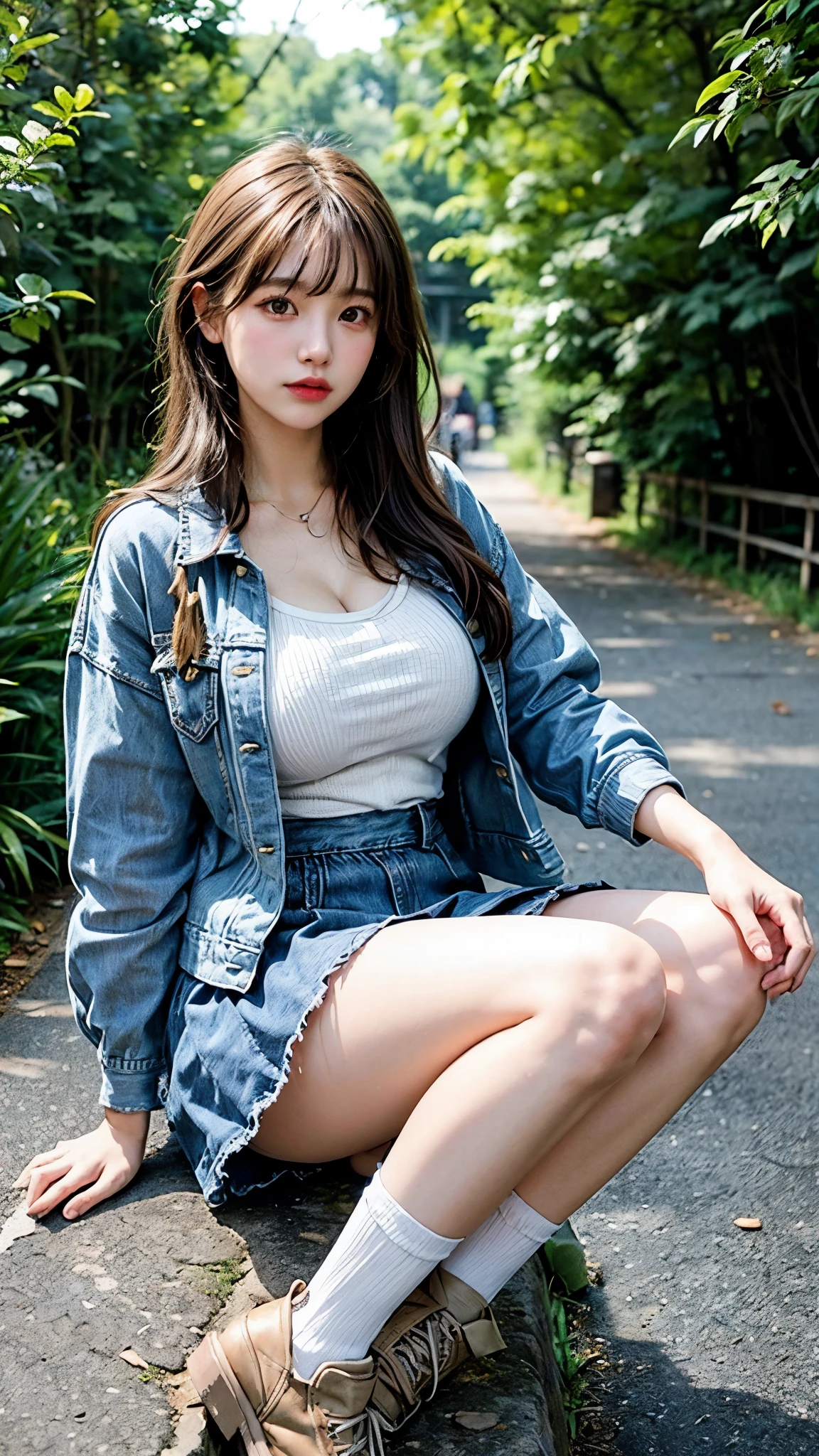 Best quality: 1.4, high resolution, bright, 1 girl, big breasts, cleavage, bangs, denim jacket, denim skirt, knee-high socks, knees up, (upskirt) tree