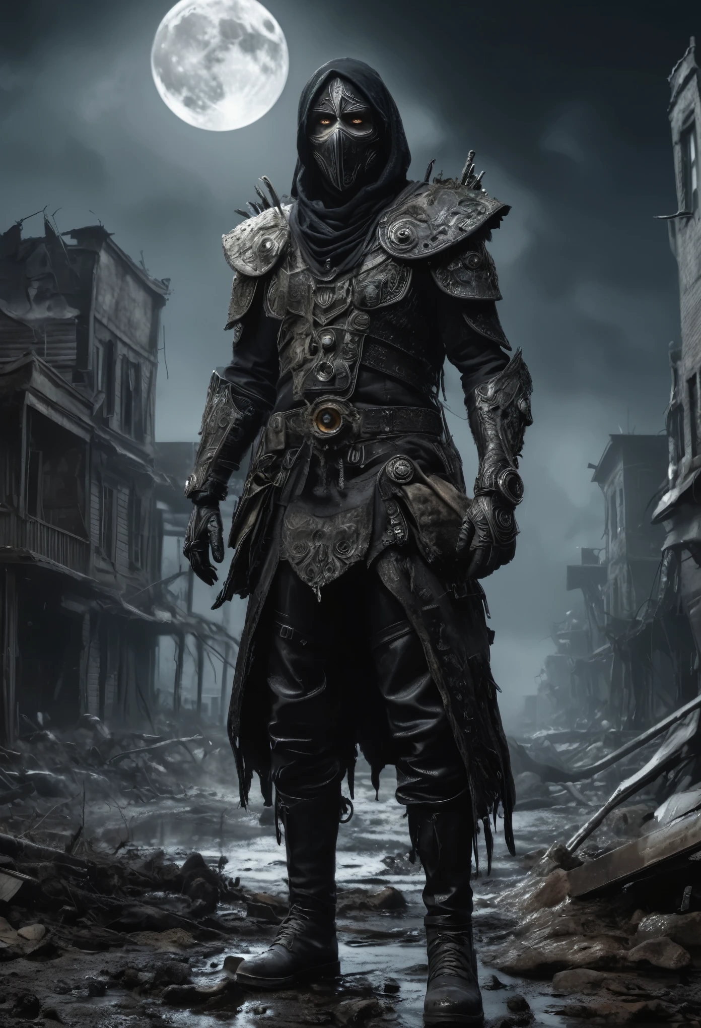 full body length,Obsidian jibaro,ominous swamp,Obsidian moon,intricate details of night,realistic humid skin,Fashioned from rocks, collapsed city, post apocalypse, smoke and fog in the air, sky covered with toxic cloud, collapsed building, (post apocalypse theme), perfect facial symmetry, full body shot, hyper realism, hyper detailed,Extremely detailed,High contrast,Masterpiece,Realistic,Ultra Detailed, intricate details,realistic humid leather,extremly intricate,Epic Realistic, cinematic style,irina yermolova,high contrast,hdr,extremely detailed,masterpiece, intricate details, eyes extremely detailed, high detailed eyes,8k resolution,retina, Nikon Z9, vivid light, fantasy, Abstract, Surrealism, super detailed, high resolution, stop:35;