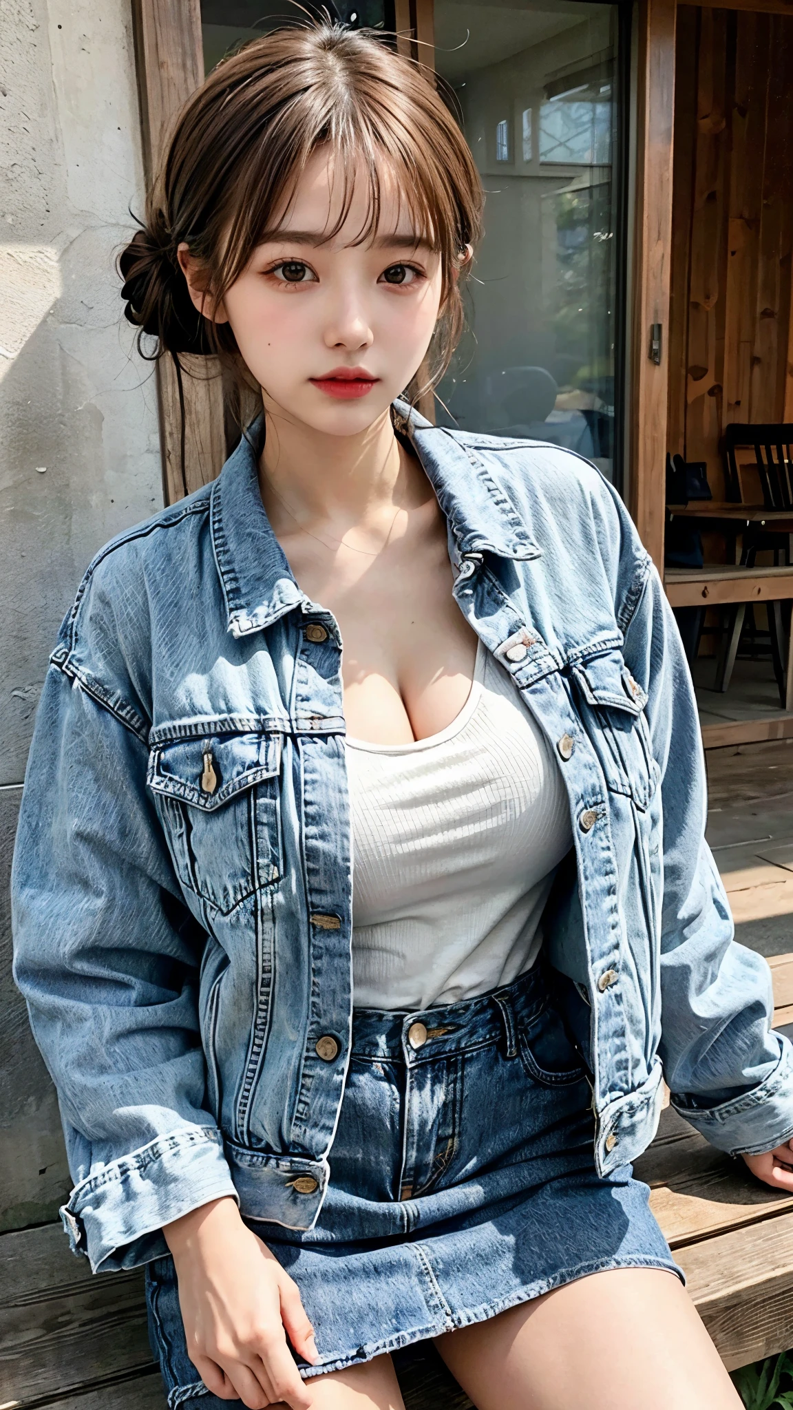 Best quality: 1.4, high resolution, bright, 1 girl, , cleavage, h, denim jacket, denim skirt,, wood