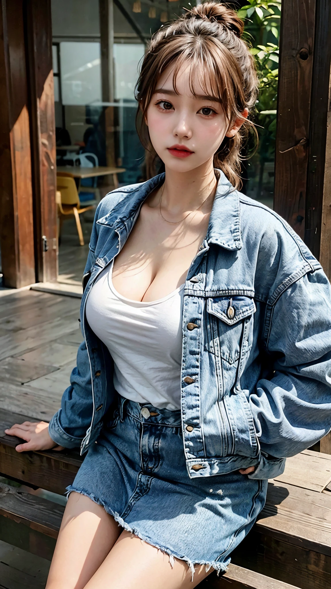 Best quality: 1.4, high resolution, bright, 1 girl, big breasts, cleavage, hair tied, denim jacket, denim skirt,, wood