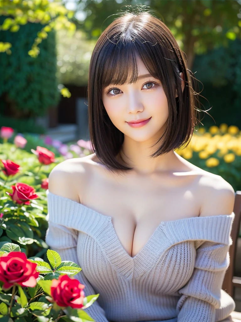 Medium Shot、((Upper Body))、(highest quality:1.5)、(Realistic:1.5)、(1 person:1.5)、(Very detailed)、(High resolution)、8k、((Wear an off-the-shoulder sweater))、Slightly small breasts、Natural color lips、Cute Smile、20-year-old girl、(Beautiful and elaborate face)、(Perfect and beautiful face)、(Big eyes)、(Beautiful and elaborate face)、(Beautiful, balanced eyes)、Perfect and beautiful double eyelids、Perfect and beautiful face、Arched eyebrows、 Thin eyebrows、Feminine poses、Slim face、Slim figure、Beautiful and thin nose、 Beautiful Skin、(Medium Bob Hair)、Natural Bangs、Fair skin、Front lighting、(Lighting the face)、(Beautiful cleavage)、Deep blue eyes、Slim waistline、Sitting in a flowerbed in the garden、Garden with blooming roses、