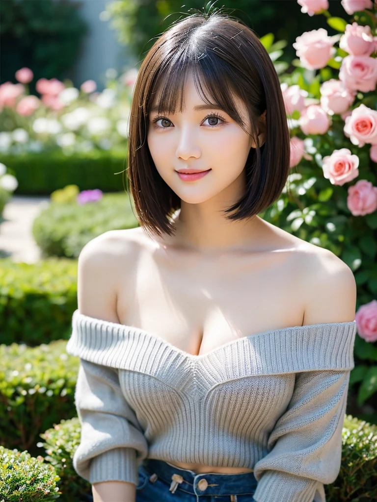 Medium Shot、((Upper Body))、(highest quality:1.5)、(Realistic:1.5)、(1 person:1.5)、(Very detailed)、(High resolution)、8k、((Wear an off-the-shoulder sweater))、Slightly small breasts、Natural color lips、Cute Smile、20-year-old girl、(Beautiful and elaborate face)、(Perfect and beautiful face)、(Big eyes)、(Beautiful and elaborate face)、(Beautiful, balanced eyes)、Perfect and beautiful double eyelids、Perfect and beautiful face、Arched eyebrows、 Thin eyebrows、Feminine poses、Slim face、Slim figure、Beautiful and thin nose、 Beautiful Skin、(Medium Bob Hair)、Natural Bangs、Fair skin、Front lighting、(Lighting the face)、(Beautiful cleavage)、Deep blue eyes、Slim waistline、Sitting in a flowerbed in the garden、Garden with blooming roses、
