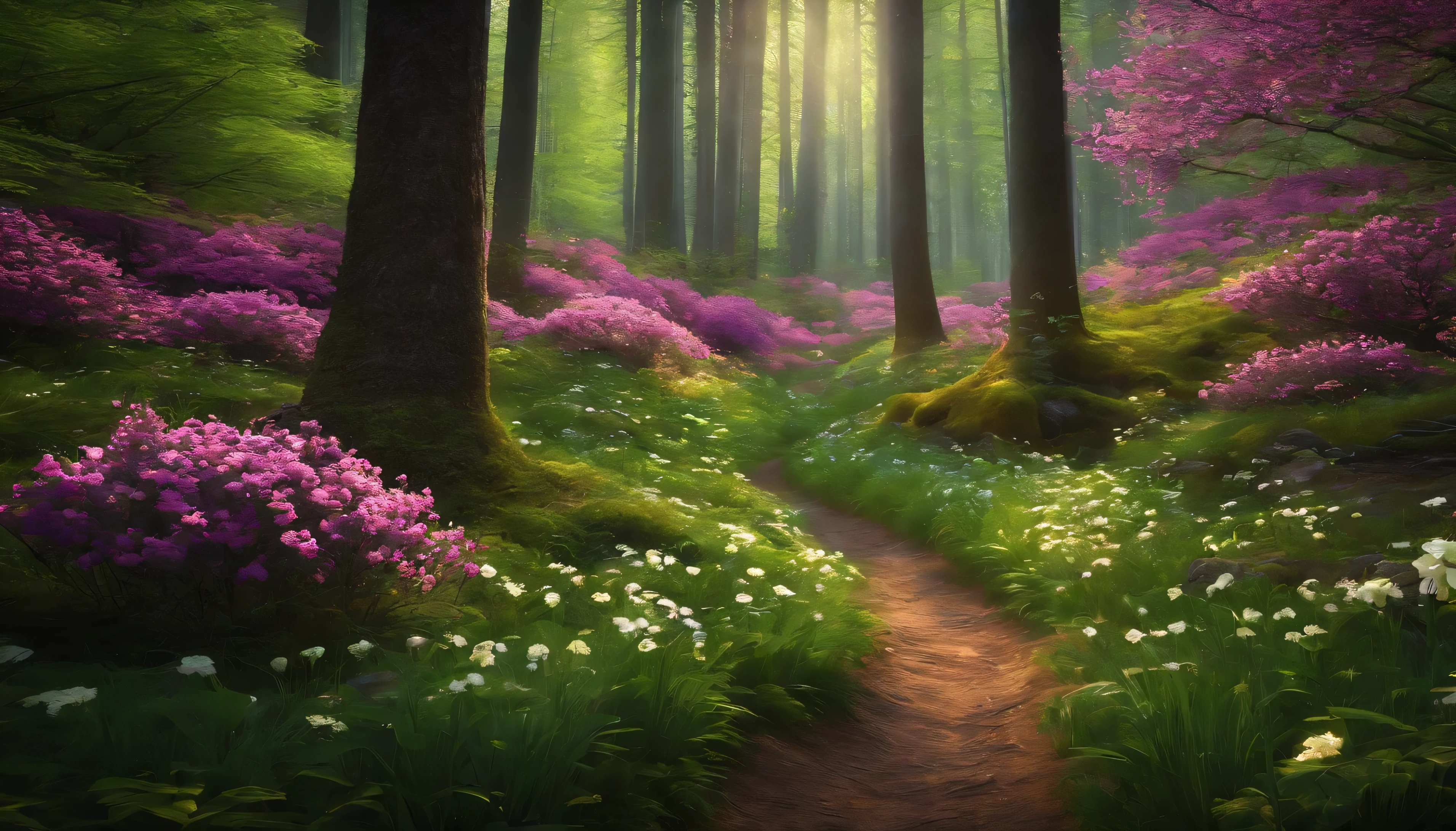 Forest in spring with trees and flowers
