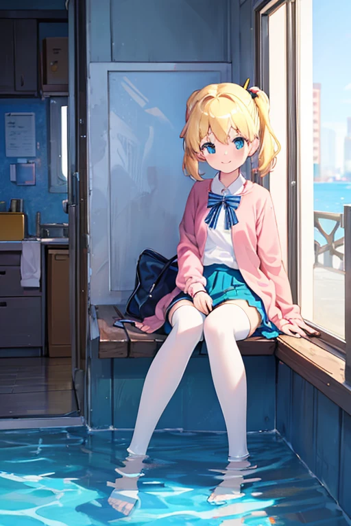 (best quality,4k,8k,highres,masterpiece:1.2),ultra-detailed,(realistic,photorealistic,photo-realistic:1.37), blue pleated skirt, white collared shirt, alice cartelet, striped bow, open cardigan, hair ornament, white thighhighs, mary janes, full body, smile, looking at viewer, indoors, window,Swimming in the sea,Submerged in water,My clothes are soaked