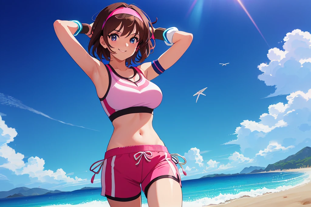 (perfect composition),imagined a girl in extreme sport outfit playing to a flying disc game in a beach arena game sport, masterpiece, ultra-detailed, 80's anime (style), 2D, megapixel, perfectionism, full HD , 4K, (windjammers), windjammers sport game, windjammers 2 (((((solo mature anime woman,)))))++++++++++++++++++, looking at viewer, full body, brown hair and pink hair, short hair, weird hair, smile, lips, eyelashes, medium breasts, gym uniform, uniform, gym shorts, headband, sports bra, elbow pad, knee pad, extreme sports outfit 80's theme, beach background, playing flying disc game on a beach court game, sea, sun in the sky, sports wear