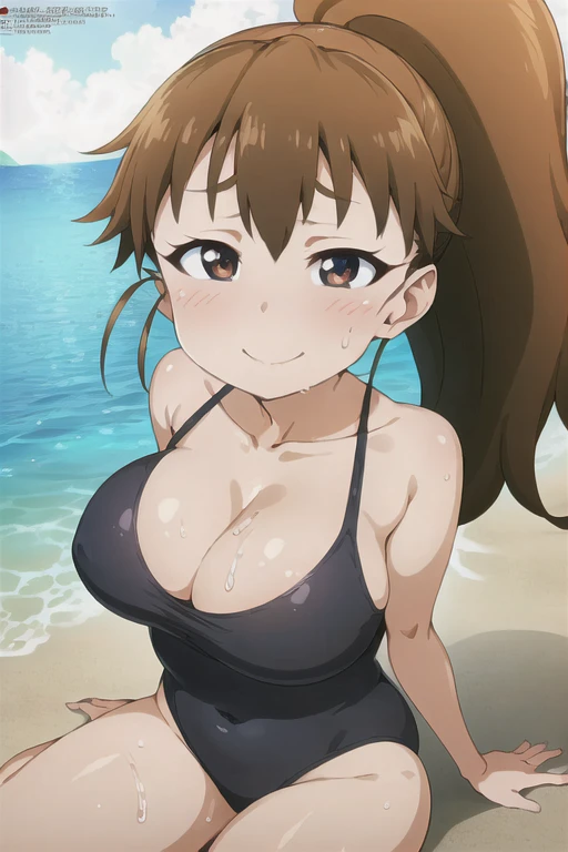 (((masterpiece))), ((highest quality)), ((Very detailed)), ((High resolution)), ((8k)), ((Anatomically correct)), ((The correct number of fingers)), One Woman, Taneshima Popura, (Big Breasts), Brown Hair, long hair, ponytail, (he is short), Very cute woman, delicate, Charming smile, Brown eyes, Bright Eyes, Big Eyes, Best moment, Vivid eyes, Beautiful Skin, Cute face, delicateな腕, Detailed skin texture, Intricate details, Very detailedな顔, Beautiful Eyes, Beautiful curves, View your viewers, Beautiful thighs, Sweating, Cleavage, I can see my belly button, Looking up, Blushing, Black Swimsuit, Sitting, Midsummer Sea, An inviting gaze,