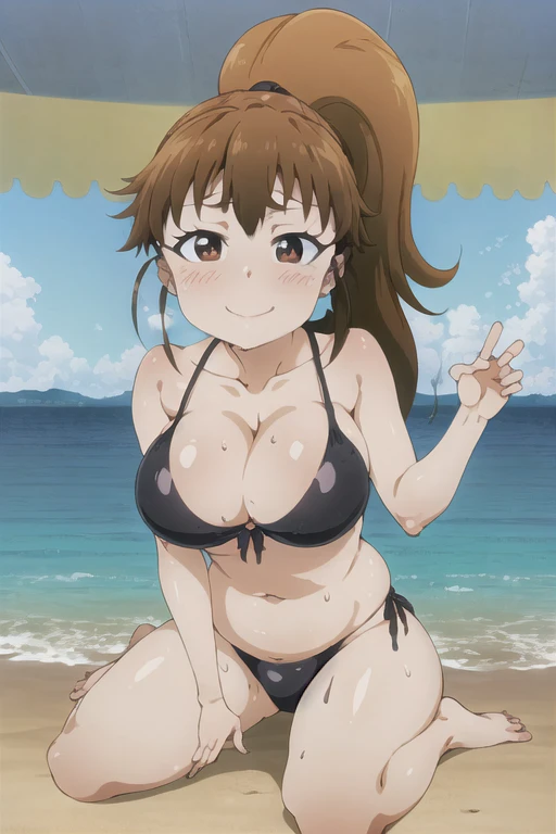 (((masterpiece))), ((highest quality)), ((Very detailed)), ((High resolution)), ((8k)), ((Anatomically correct)), ((The correct number of fingers)), One Woman, Taneshima Popura, (Big Breasts), Brown Hair, long hair, ponytail, (he is short), Very cute woman, delicate, Charming smile, Brown eyes, Bright Eyes, Big Eyes, Best moment, Vivid eyes, Beautiful Skin, Cute face, delicateな腕, Detailed skin texture, Intricate details, Very detailedな顔, Beautiful Eyes, Beautiful curves, View your viewers, Beautiful thighs, Sweating, Cleavage, I can see my belly button, Looking up, Blushing, Black Swimsuit, Sitting, Midsummer Sea, An inviting gaze,