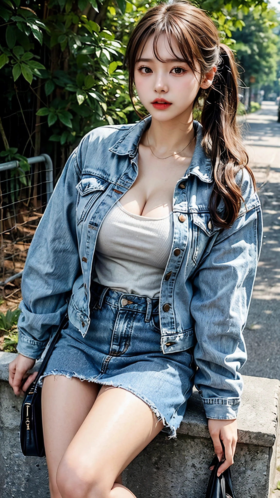 Best quality: 1.4, high resolution, bright, 1 girl, super big breasts, cleavage, hair tied, denim jacket, denim skirt, tree