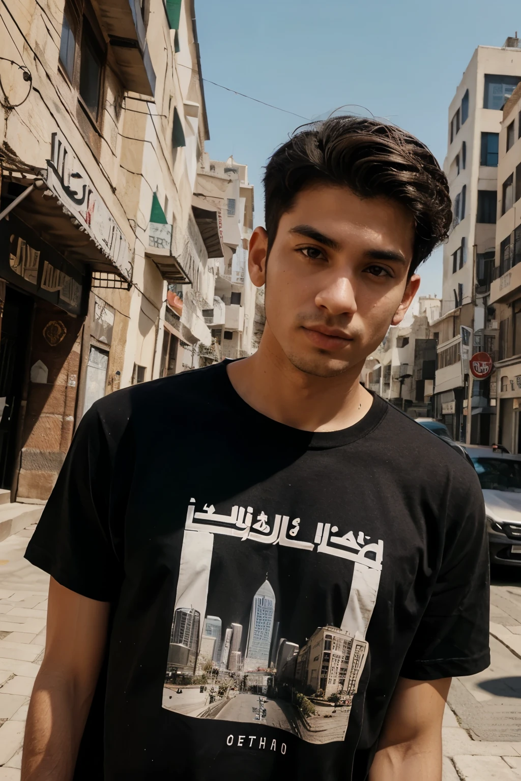 25 years old man named Keren, arabic origins, black t-shirt, big city in the background