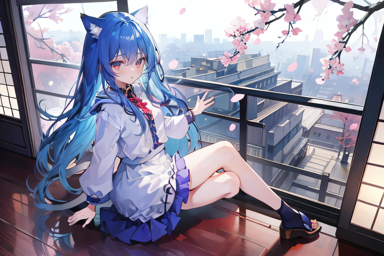 （masterpiece：1.2），Super detailed，lifelike，Expressive eyes，fair skin，perfect face shape，1 girl，
Japanese comics,Gorgeous blue hair,flowing blue hair,flowing clothes,Cat ears,Petals fall,beautiful lola,Baby Angel,
Cross your legs，Gentle and peaceful background，The pavilion is cool and comfortable,smile, wearing hoodie, background of tokyo,back views,snowing, winter.