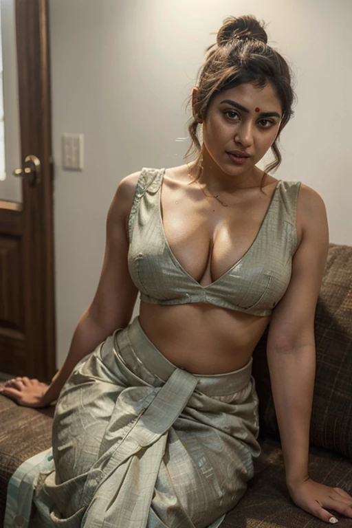 ((best quality)), ((masterpiece)), (detailed), perfect face,a hot indian lady  wearing  a saree,waist,thick thighs,romantic look,perfect figure,body curves,pretty hot,naughty,horny,big ,putting his hands on the lap of the lady , strong and have abs,olive color dress 