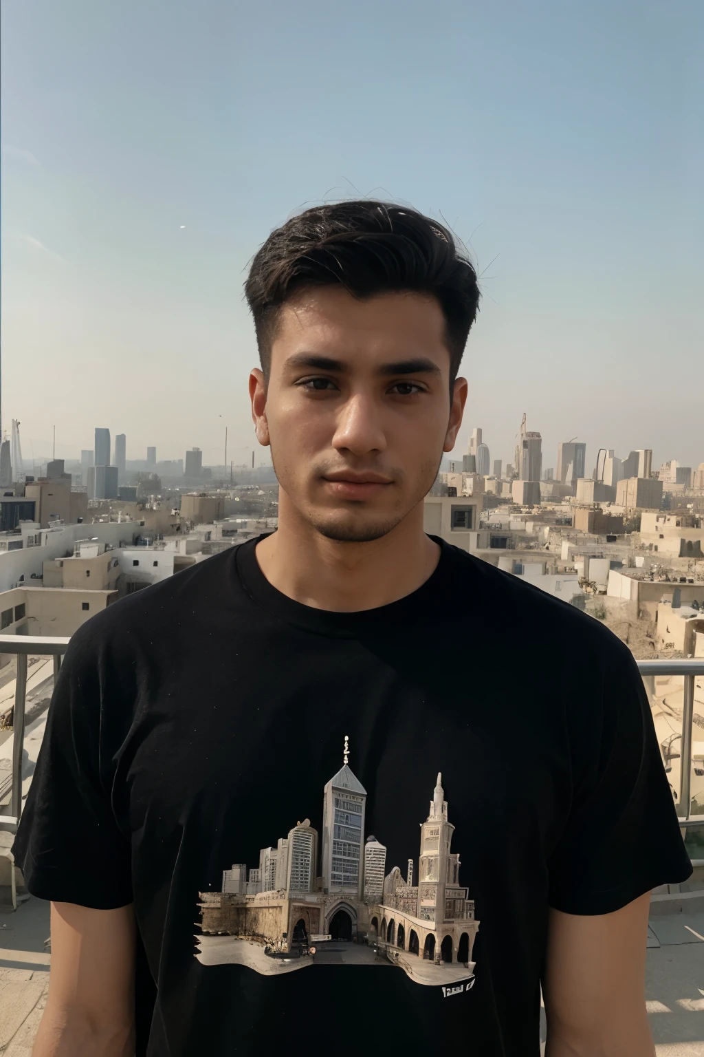 25 years old man named Keren, arabic origins, black t-shirt, big city in the background