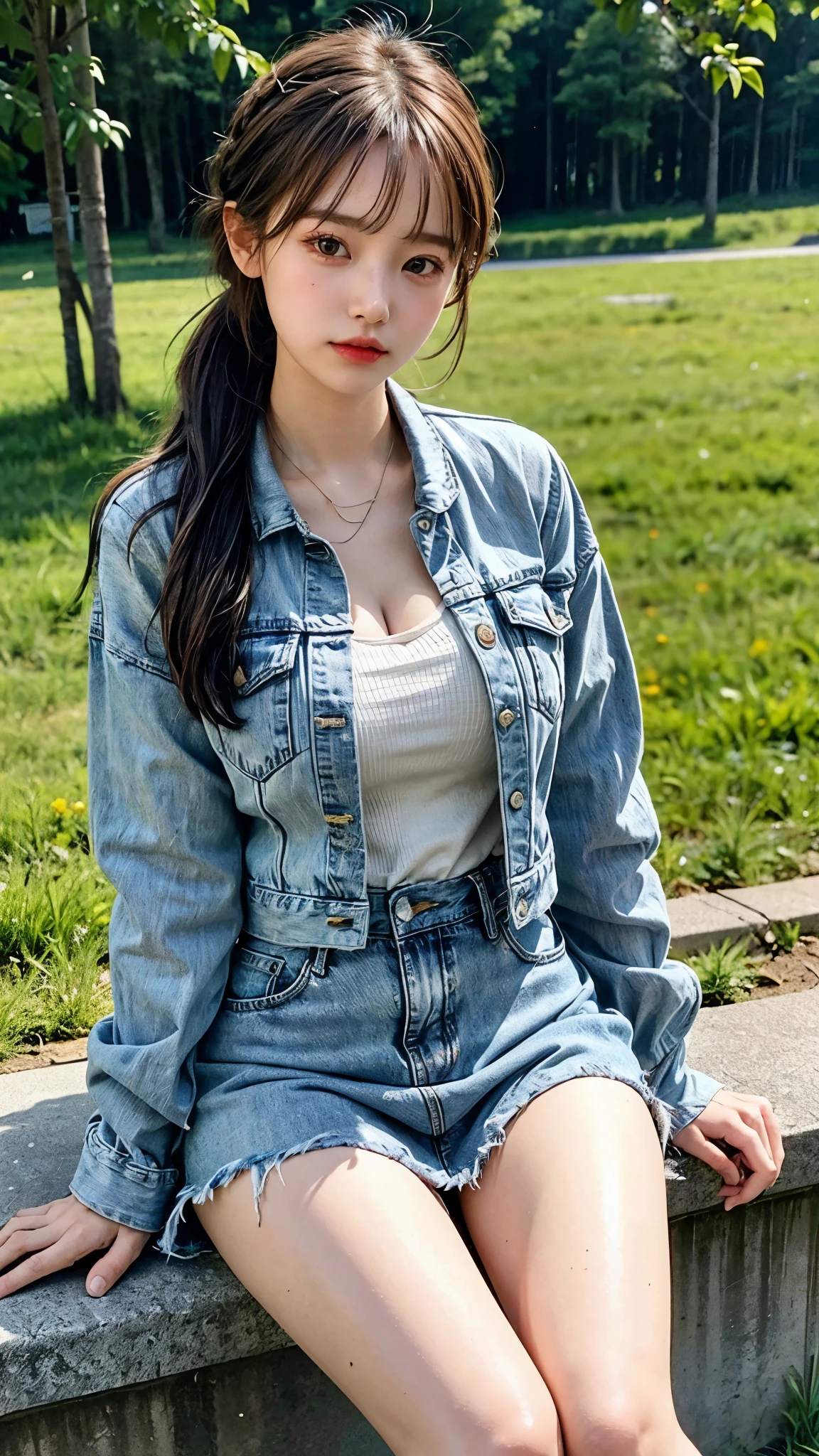 Best quality: 1.4, high resolution, bright, 1 girl, super big breasts, cleavage, hair tied, denim jacket, denim skirt, sitting, upskirt, tree