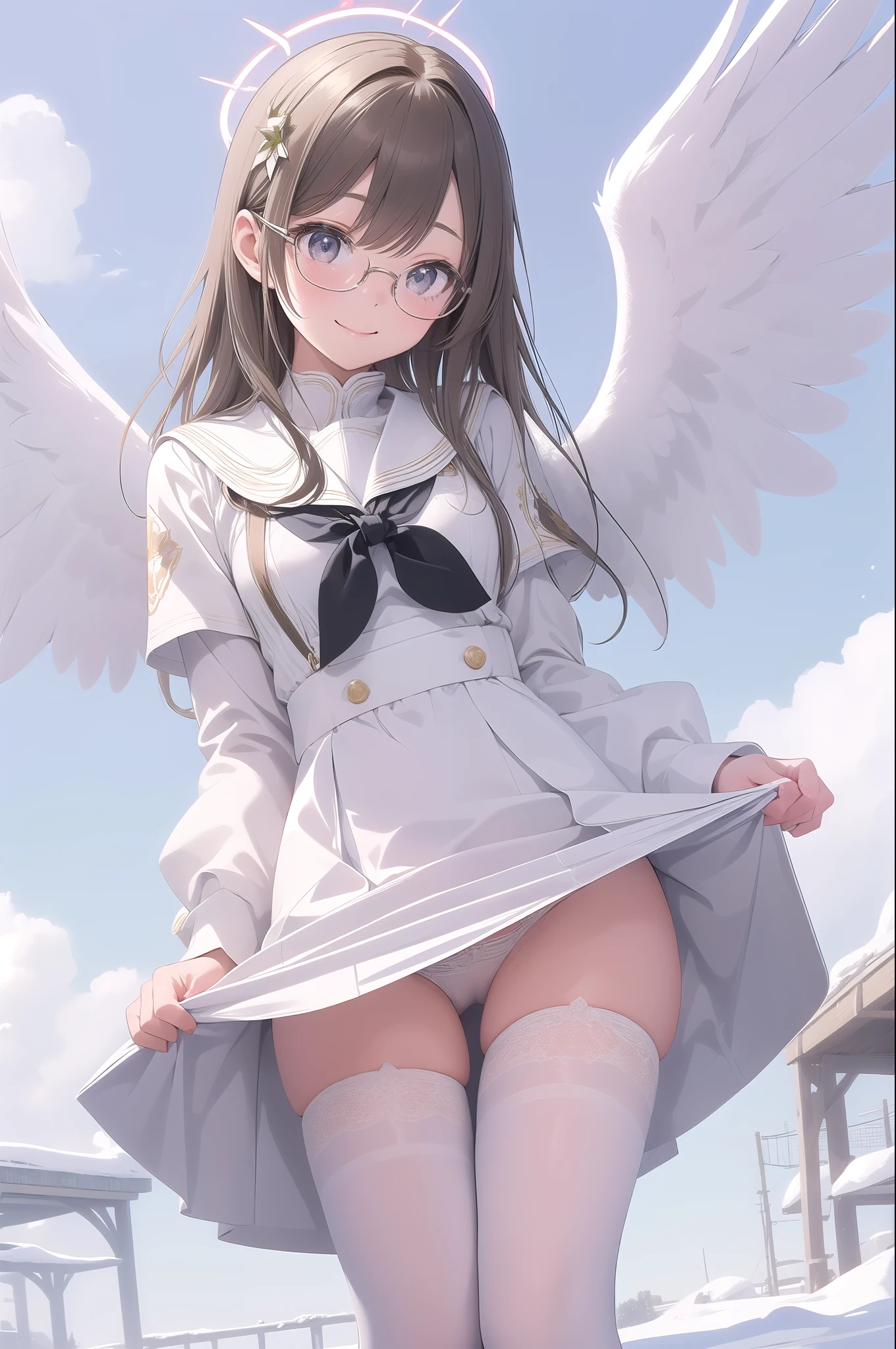 (masterpiece:1.3), (absurdres:1.3), (best quality:1.3), (ultra-detailed:1.3), snow, ((Snowfield)), full body, waving, smile, 1girl, nagisa-fi, halo, white wings, long sleeves, white dress, sailor collar, capelet, white skirt, black pantyhose, white high heels,Big angel wings、Big Wings、Floating in the sky、Floating in the air、Ultra-slim legs、((Amazingly cute))、White panties are visible、Wears thin-framed glasses、