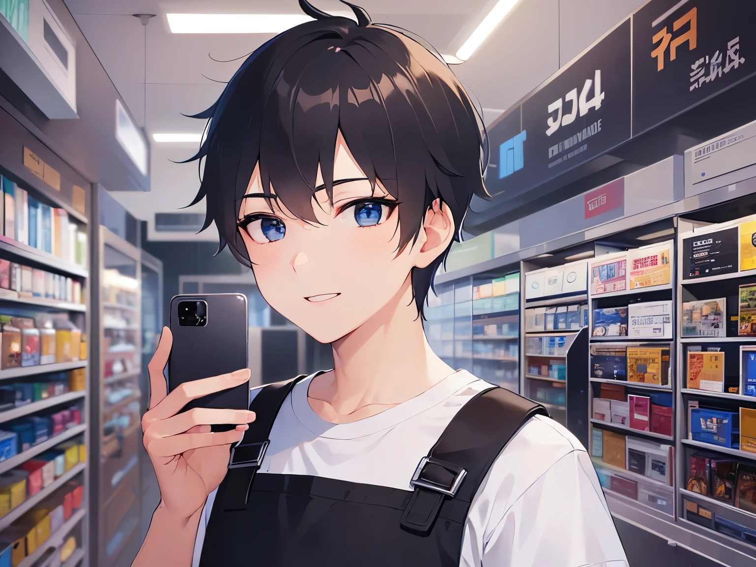 manly, extremely detailed CG, 8k, super fine illustration, (holding a phone:1.3), (looking away:1.5), close-up of your face, masterpiece, top quality, (25 year old male: 1.5) and (short black hair) and ( blue eyes), (, white T-shirt: 1.5) and (black apron), standing, smiling, the background is the interior of an electronics shop, (alone: 1.5),