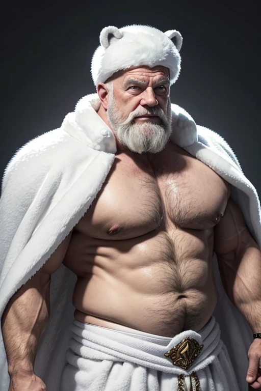  elderly man with polar bear ears on his head Norwegian with gray and blonde hair A super heavy weight flexing his muscles A shirtless bodybuilder A full body obese bodybuilder with a very sweaty body An extremely muscular and extremely fat old man over 70 years old weighing over 600 pounds Very muscular and very hairy with large pecs with dark nipples and gynecomastia in a very snowy arctic landscape sporting a huge white fur cape and a white fur skirt 