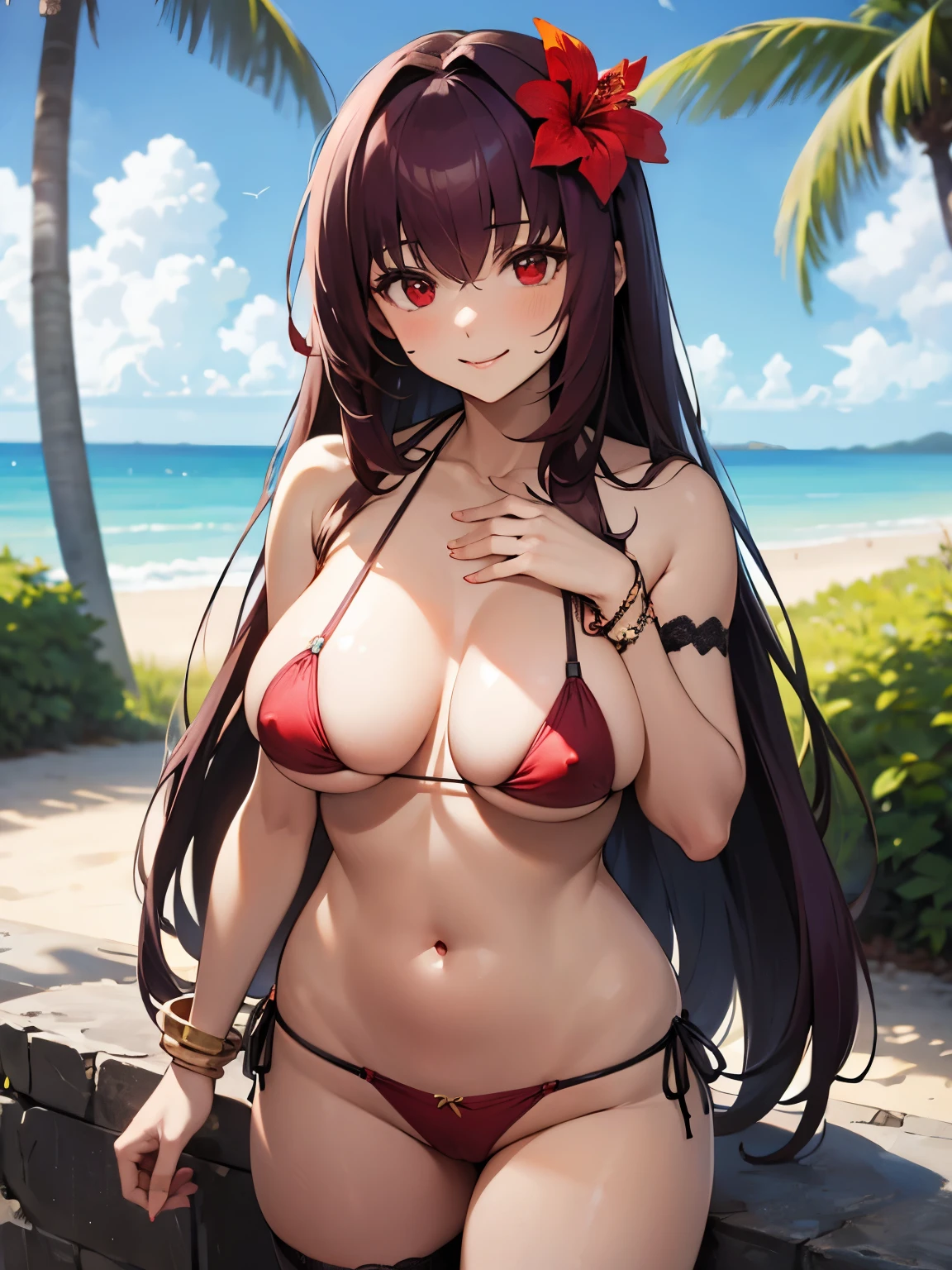 NSFW,Scathach、Long Hair、Purple Hair、(Red Eye:1.5),Bare shoulders、bikini、bracelet、Bridal Garter、Cleavage、clavicle、flower、Hair Flower、hair ornaments、hibiscus、gem、belly button、紫bikini、salon、Swimwear、Thighs,Bad Smile,Embarrassed,blush,(Perfect hands),(Perfect Anatomy),(masterpiece),(highest quality),beach,Palm tree,Rock Shade