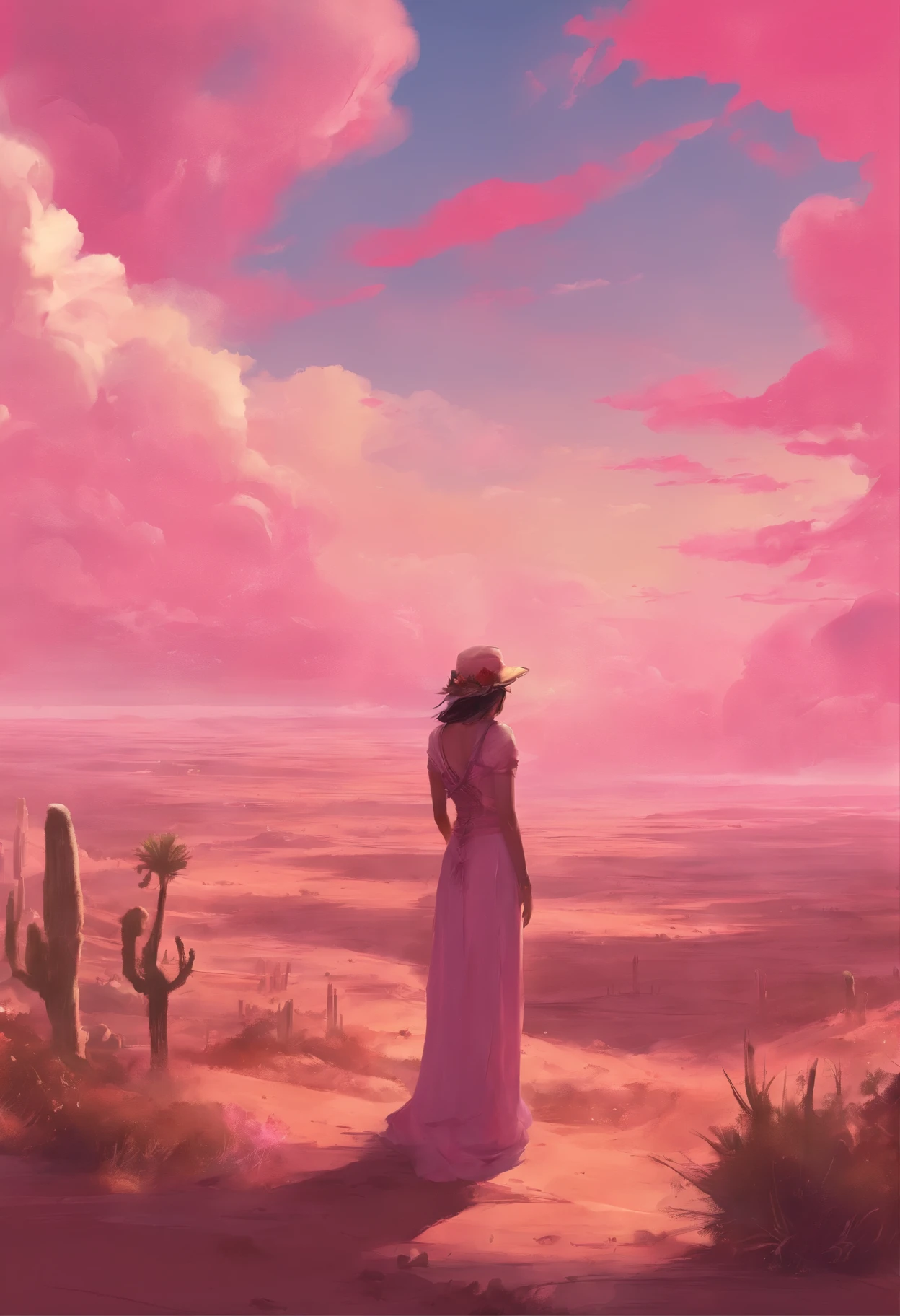 Summer, desert, pink clouds, a land overgrown with roses stands beautiful girl, James Gurney, art station rendered, ultra-wide lens, high definition
