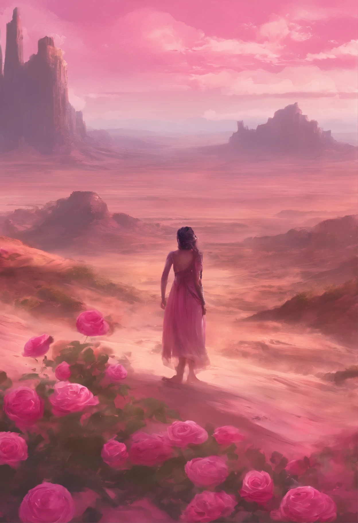 Summer, desert, pink clouds, a land overgrown with roses stands beautiful girl, James Gurney, art station rendered, ultra-wide lens, high definition