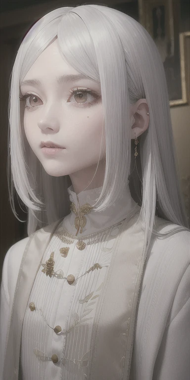 highest quality, masterpiece,Gray Hair, Golden Eyes,White clothes, look up, Upper Body,hair,Fair skin