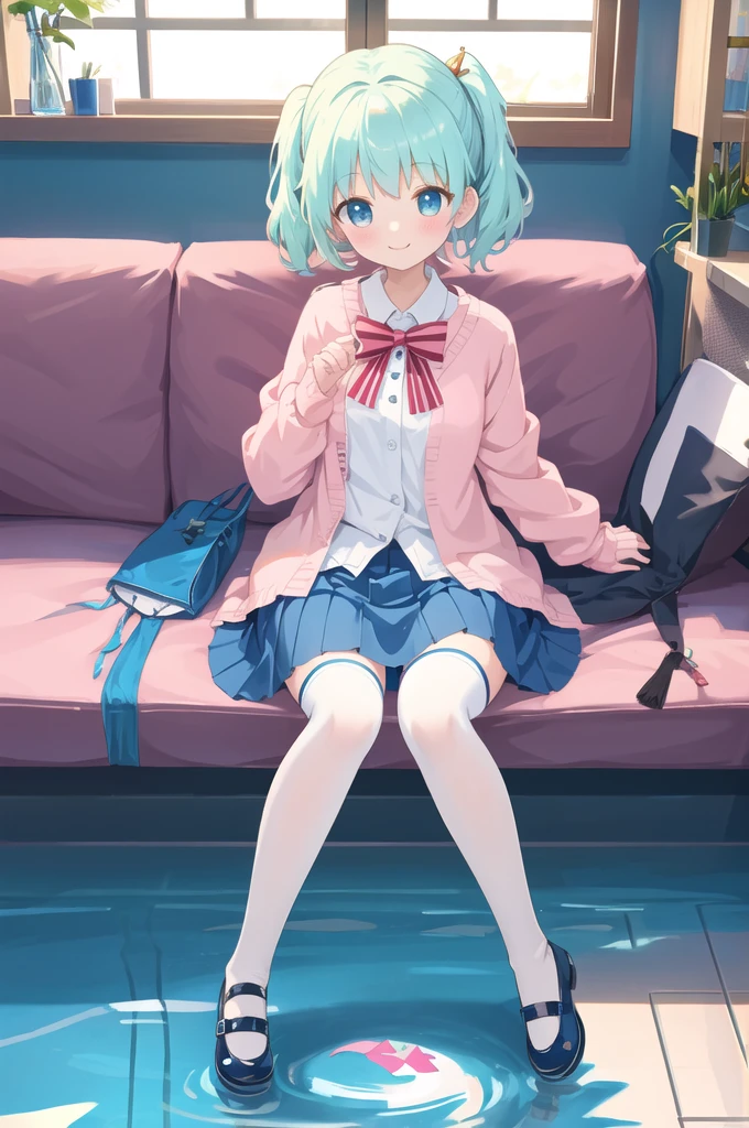 alice cartelet, white thighhighs, cardigan, open cardigan, striped bow, hair ornament, blue pleated skirt, white collared shirt, indoors, window, mary janes, full body, smile, looking at viewer,shoulder-deep in water,My clothes are soaked