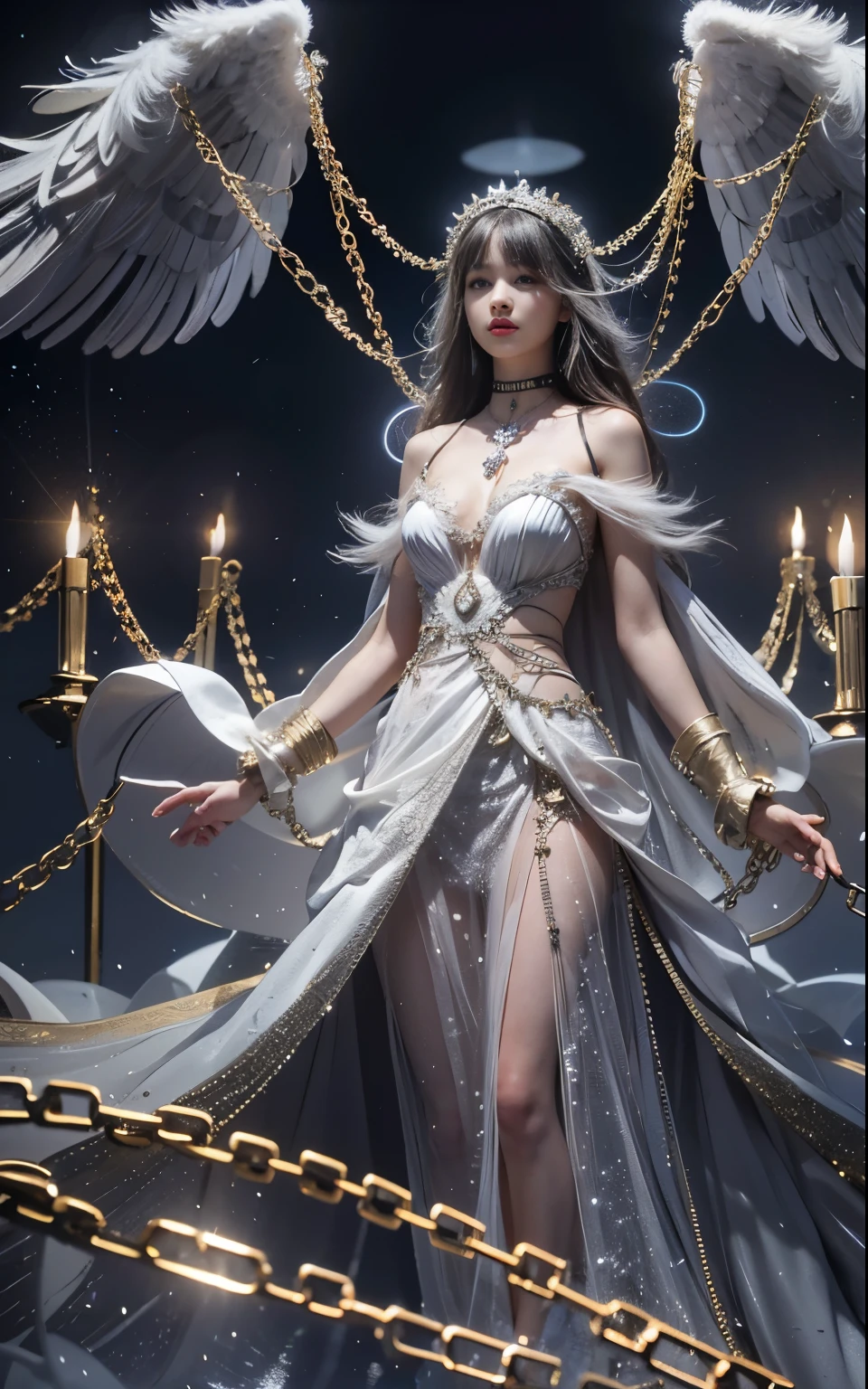 Epic CG masterpiece, a woman dressed in an angelic outfit in chains, delicate face, hdr,dtm, full ha,8K, ultra detailed graphic tension, dynamic poses, stunning colors, 3D rendering, surrealism, cinematic lighting effects, realism, 00 renderer, super realistic, full - body photos, super vista, super wide Angle, rich details, highest quality, extremely exquisite,
Black background1girl, chain, wings, solo, dress, blindfold, white dress, jewelry, veil, choker, ring, own hands together, angel wings, feathered wings, covered eyes, haloblackblindfold,
 