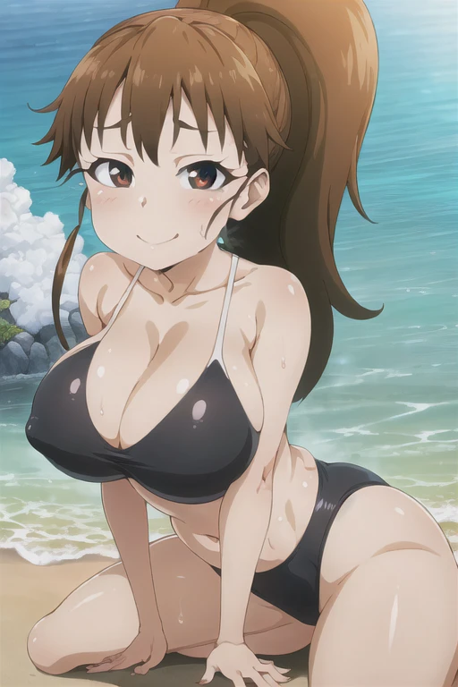 (((masterpiece))), ((highest quality)), ((Very detailed)), ((High resolution)), ((8k)), ((Anatomically correct)), ((The correct number of fingers)), One Woman, Taneshima Popura, (Big Breasts), Brown Hair, long hair, ponytail, (he is short), Very cute woman, delicate, Charming smile, Brown eyes, Bright Eyes, Big Eyes, Best moment, Vivid eyes, Beautiful Skin, Cute face, delicateな腕, Detailed skin texture, Intricate details, Very detailedな顔, Beautiful Eyes, Beautiful curves, View your viewers, Beautiful thighs, Sweating, Cleavage, I can see my belly button, Looking up, Blushing, Black Swimsuit, Sitting, Midsummer Sea, An inviting gaze,