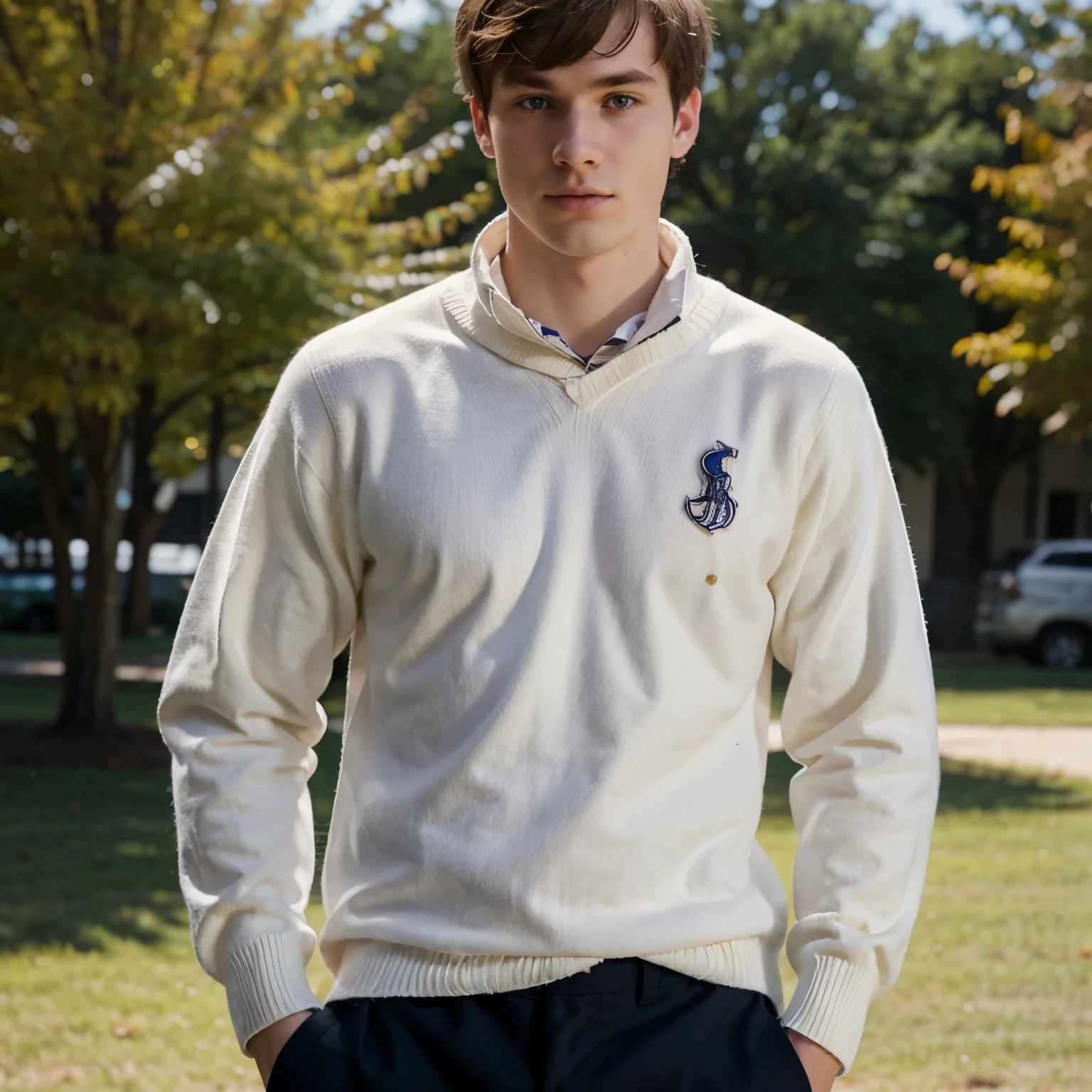 Pale skinned Male college student player with loose Ralph Lauren jumper wrapped over their shoulders.