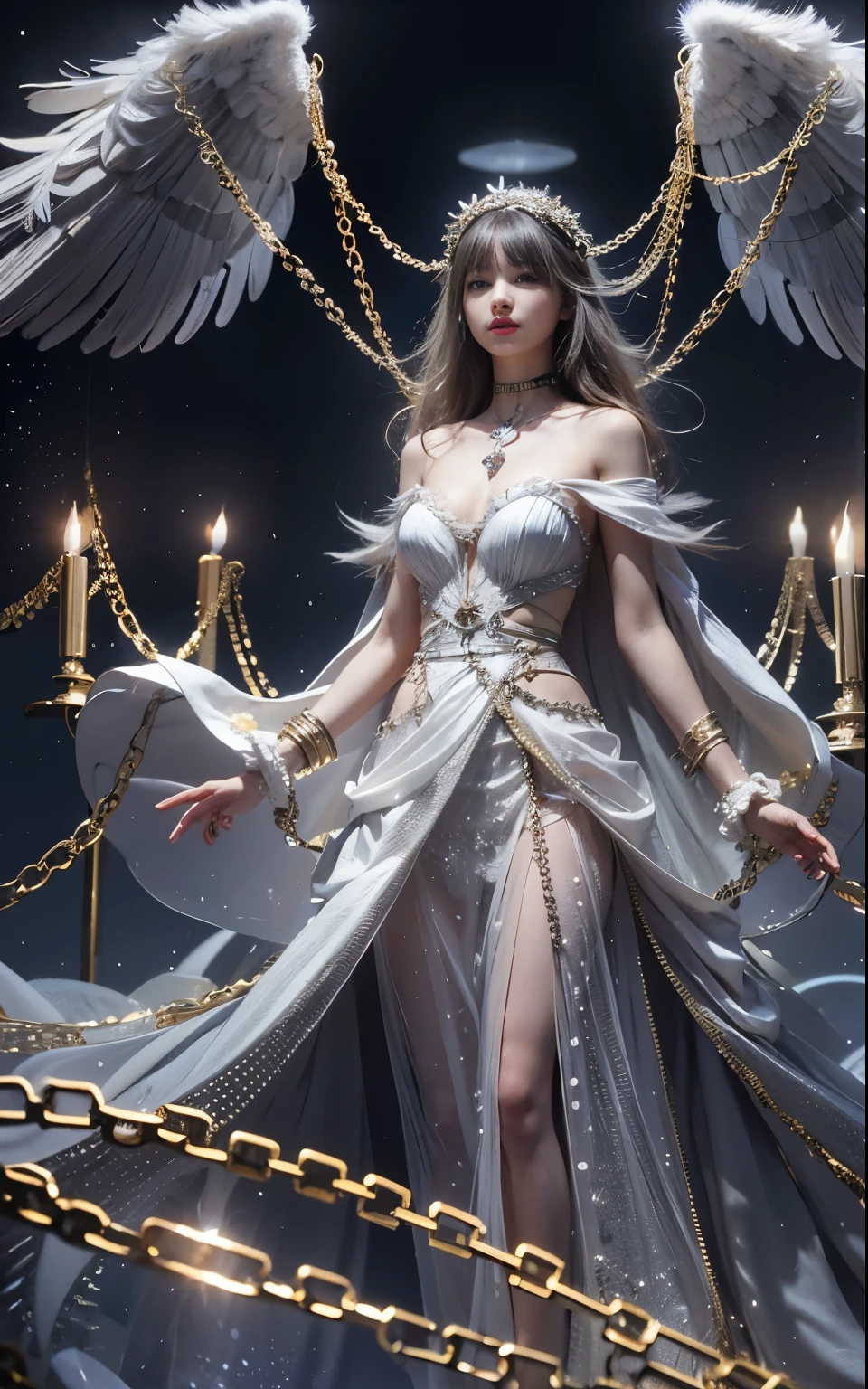 Epic CG masterpiece, a woman dressed in an angelic outfit in chains, delicate face, hdr,dtm, full ha,8K, ultra detailed graphic tension, dynamic poses, stunning colors, 3D rendering, surrealism, cinematic lighting effects, realism, 00 renderer, super realistic, full - body photos, super vista, super wide Angle, rich details, highest quality, extremely exquisite,
Black background1girl, chain, wings, solo, dress, blindfold, white dress, jewelry, veil, choker, ring, own hands together, angel wings, feathered wings, covered eyes, haloblackblindfold,
 