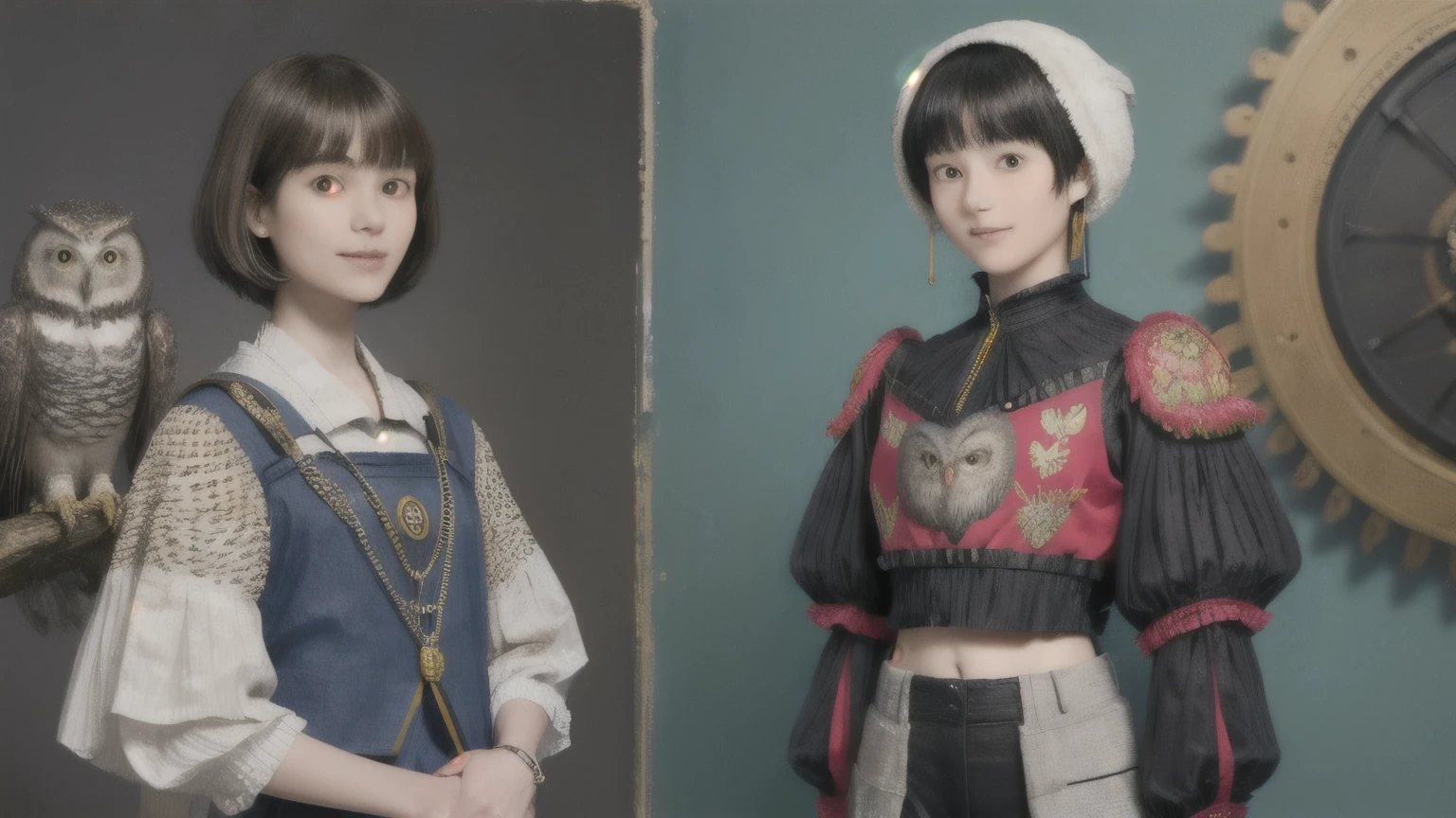 224 Short Hair, 20-year-old woman, A kind smile, (There are also colorful owls), (Rembrandt-style painting), ((machinery suit,Clothes with short sleeves)),I can see your abs