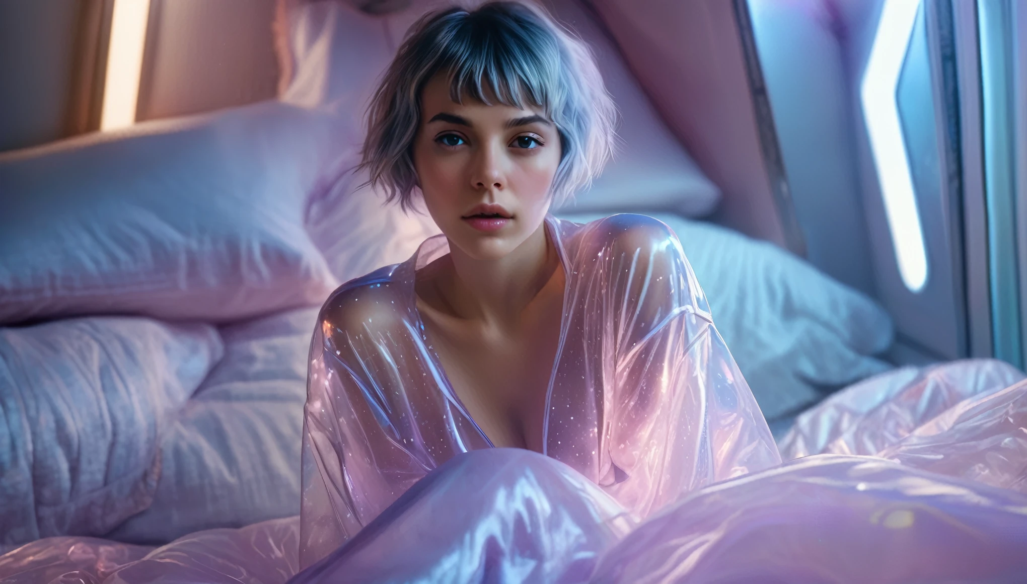 Top Quality, Masterpiece, High Resolution, 8k, (photorealistic:1.4), full body,  (oversized see-through pajama.:1.1), spaceship, bed with puffer bedlinen, dim light, beautiful woman, skinny, small breasts, pixie asymmetrical hair, detailed face, shy expression, facing the camera, photo taken from a distance, age of 20 years old, pastel colors