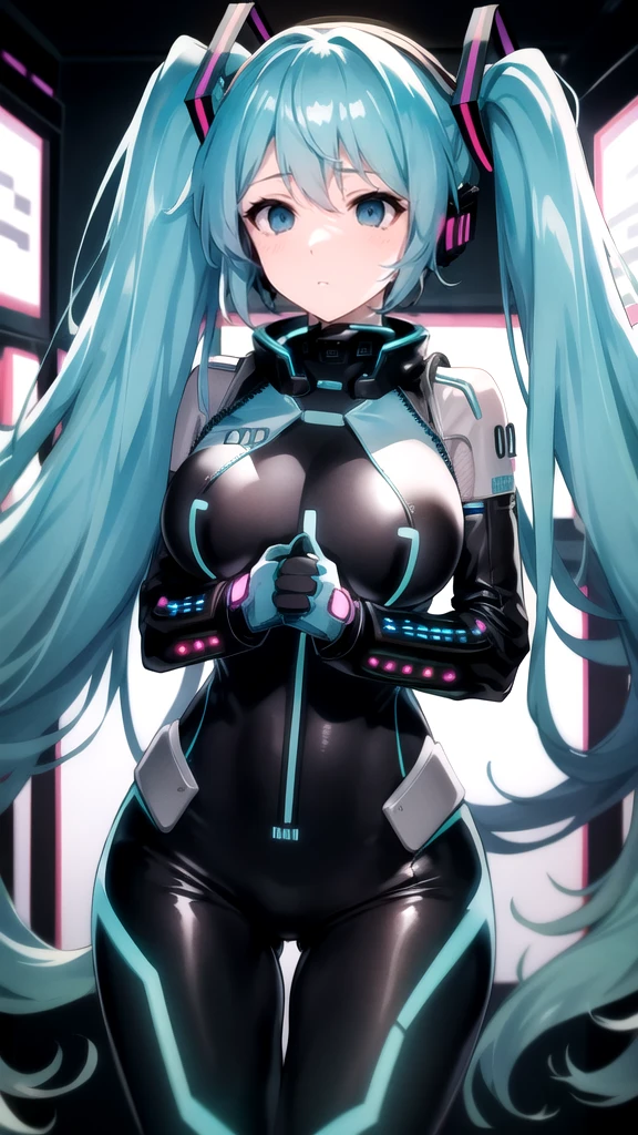 Hatsune Miku Vocaloid, Twin Tails, Light Blue Eyes, Light Blue Hair, Pichi Pichi Bodysuit, Cyber punk, Ultimate Physical Beauty, Beautiful Eyes, embarrassed look , ((Big Breasts)), 8K CG, Top Quality, Best Image Quality, 