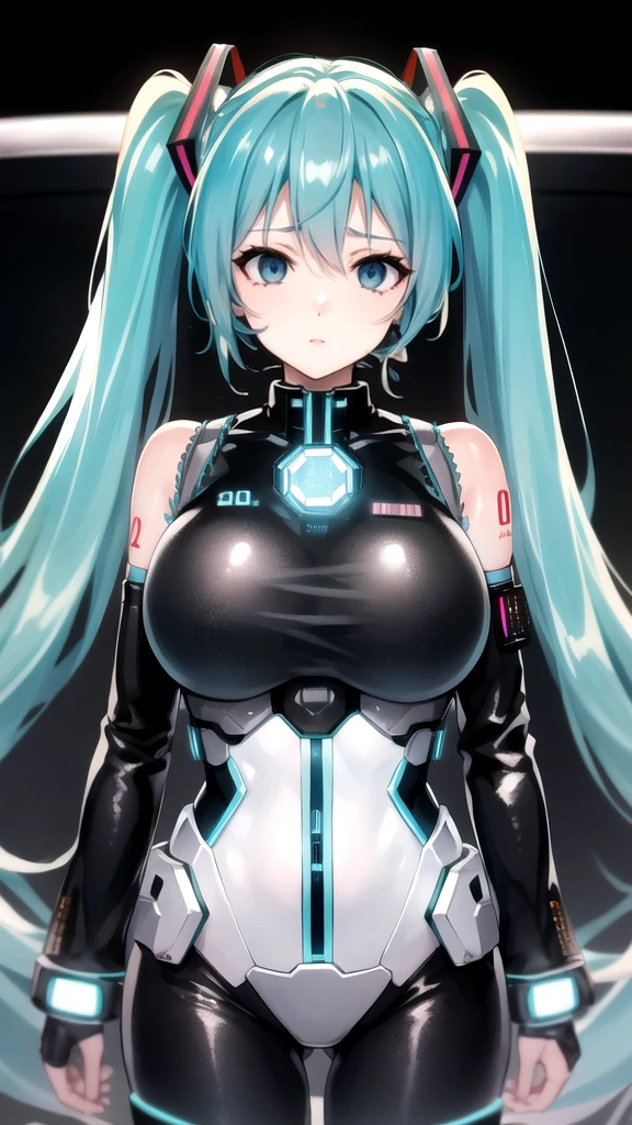 Hatsune Miku Vocaloid, Twin Tails, Light Blue Eyes, Light Blue Hair, Pichi Pichi Bodysuit, Cyber punk, Ultimate Physical Beauty, Beautiful Eyes, embarrassed look , ((Big Breasts)), 8K CG, Top Quality, Best Image Quality, 